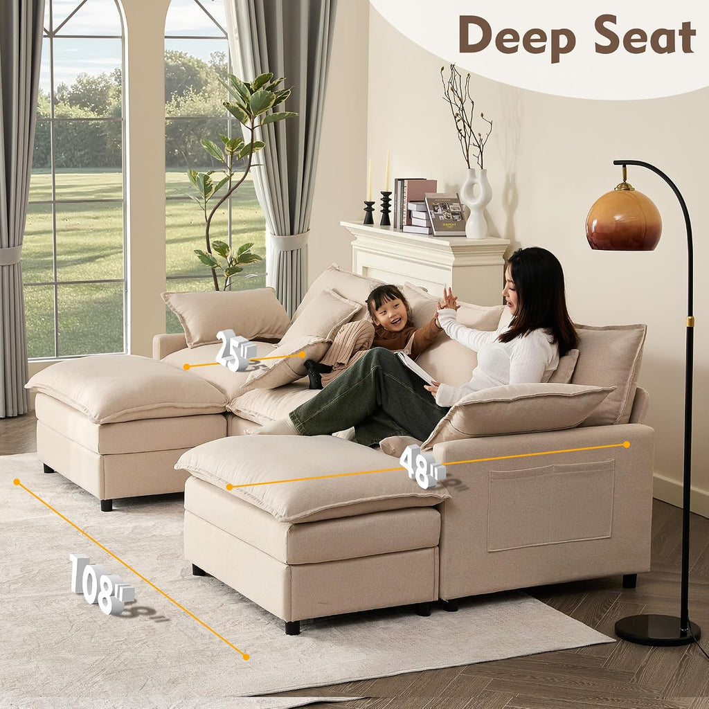 GOSUHI 108' U Shaped Couch, Modular Sectional Sofa, 3-Seater Comfy Cloud Couch, Set of Modular Pieces with Movable Ottoman, Deep Seat Couches for Living Room, Linen, Beige