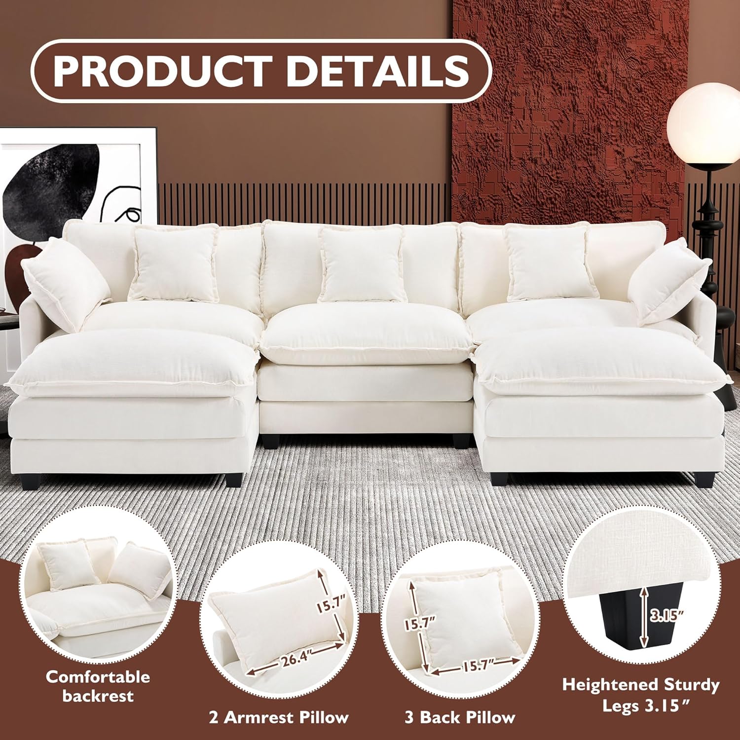 Ihanherry 111.4' U Shaped Cloud Couch Modern Modular Sectional Sofa with 2 Ottoman, 5-Seat Chenille Deep Seat Sofa with 5 Pillows for Living Room, Bedroom and Apartment, Beige