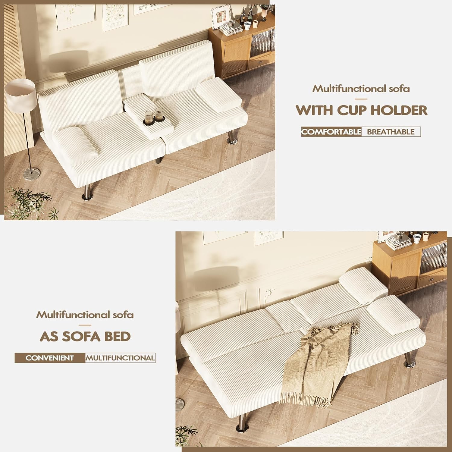 Homall Futon Sofa Bed, Futon Couch with Removable Armrests, Adjustable Recliner Sleeper Sofa Bed with Dual Cup Holders for Living Room, Apartment, Office (Corduroy, White)
