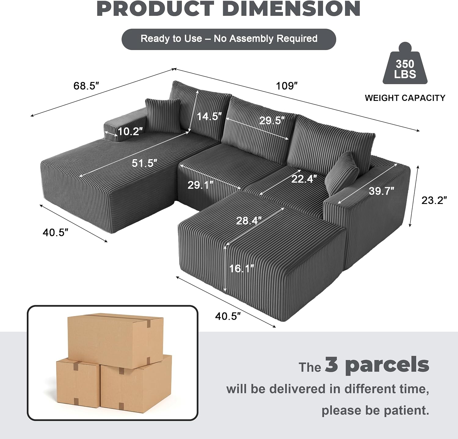 Weture 108' Modular Sectional Sofa, Cloud Sectional Couch with Deep Seat, Upholstered Boneless Couches for Living Room Bedroom, Modern Modular U-Shape Sofa Couch with Chaise, 5Seat, Gray