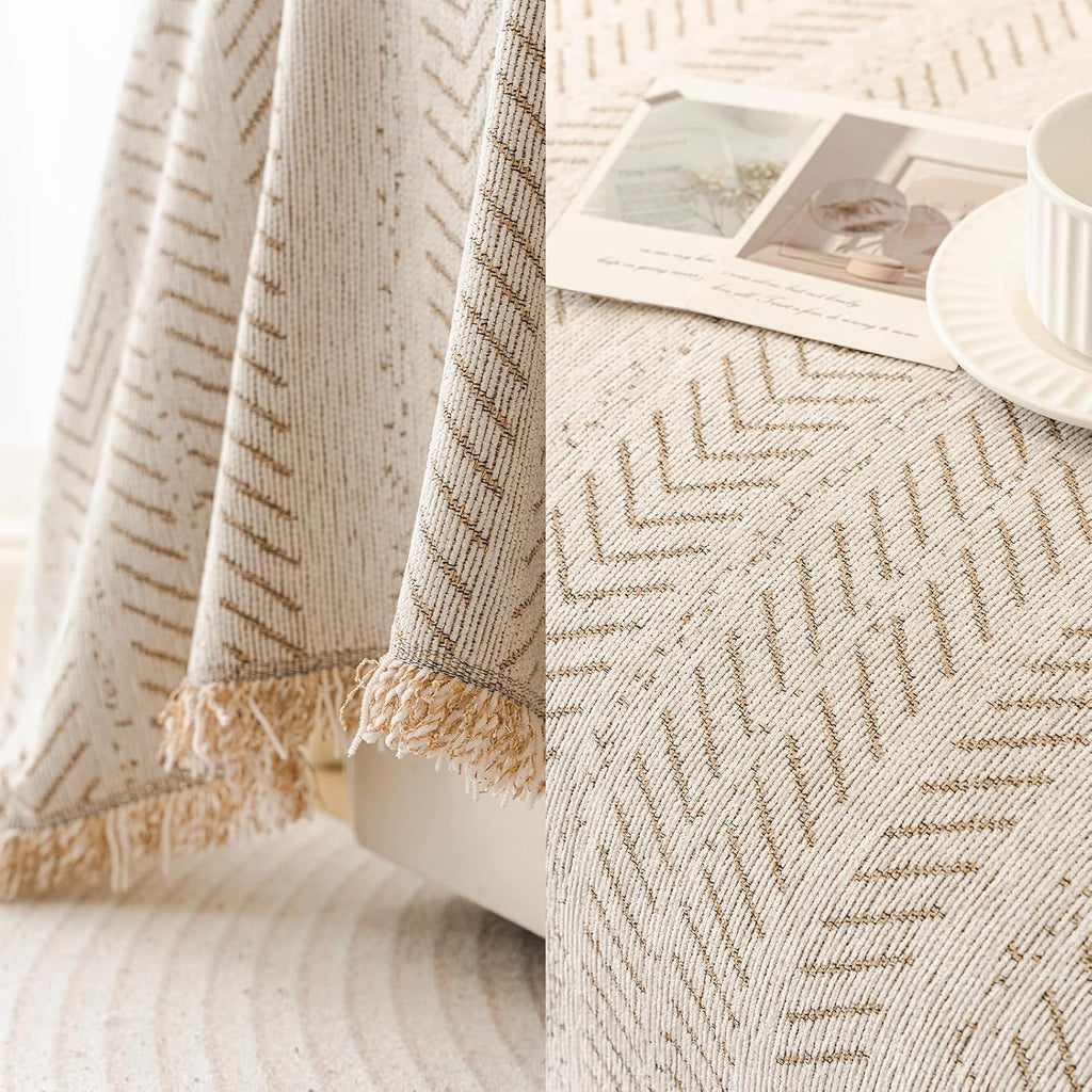 Chenille Sofa Throw Blanket with Herringbone Pattern and Tassel Edges, Thick & Soft Couch Cover, Machine Washable, Anti-Slip, Pet-Friendly, Fits 3/4-Seater (Beige, 71″x165″)