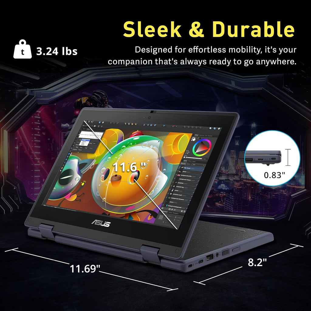 ASUS BR1102FGA 11.6' 2-in-1 Rugged & Spill Resistant Touchscreen Laptop, Intel Celeron N100, 4GB RAM, 288GB Storage(128GB SSD+160GB Docking Station Set), UHD Graphics, WiFi 6, Webcam, Win 11 Pro, Gray