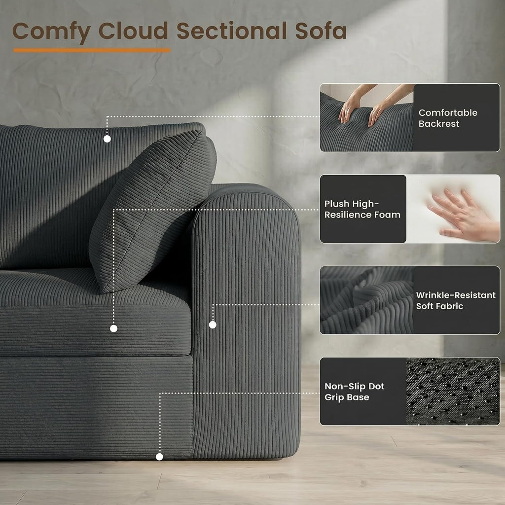 104' Cloud Sectional Couch, Boneless Modular L Shaped Couch, Upholstered Living Room Couch with Deep Seat, Modular Sectional Sofa, No Assembly Required, Grey