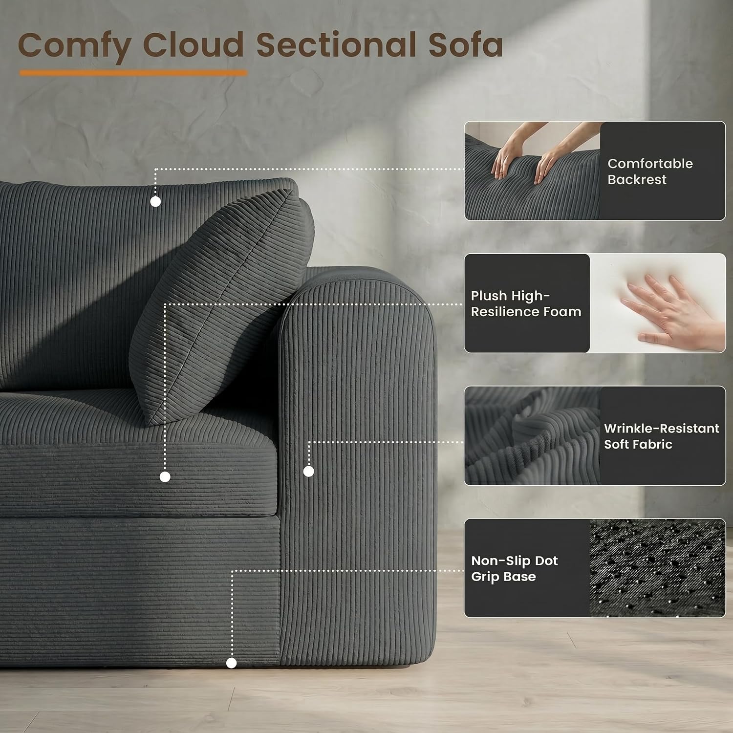 104' Cloud Sectional Couch, Boneless Modular L Shaped Couch, Upholstered Living Room Couch with Deep Seat, Modular Sectional Sofa, No Assembly Required, Grey