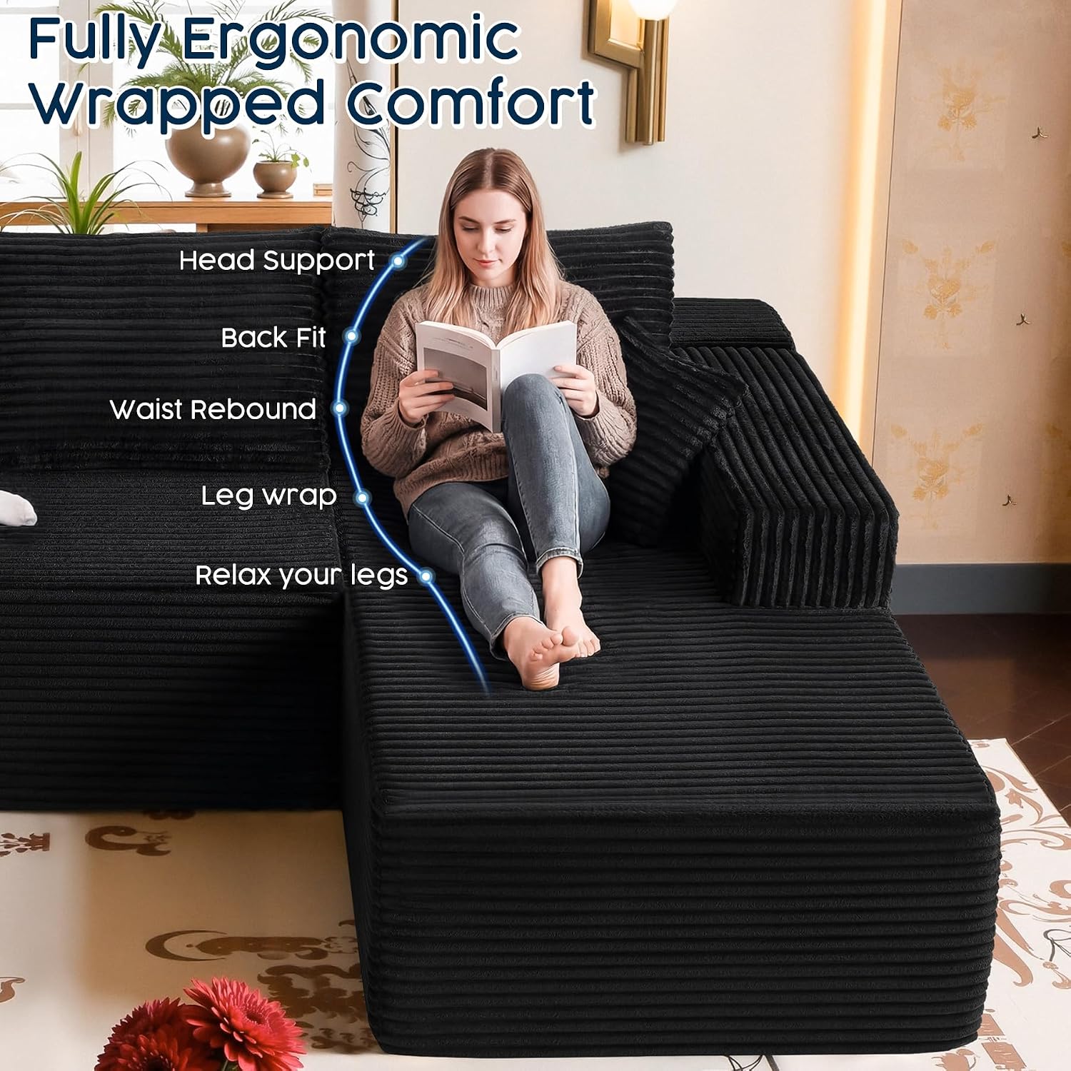 Black Sectional Couch with Ottoman, 108' Cloud Modular Couch for Living Room, Modern U-Shaped Sofa, No Assembly Required - Plush Corduroy Fabric & Deep Seat Comfort (Left Facing Chaise)