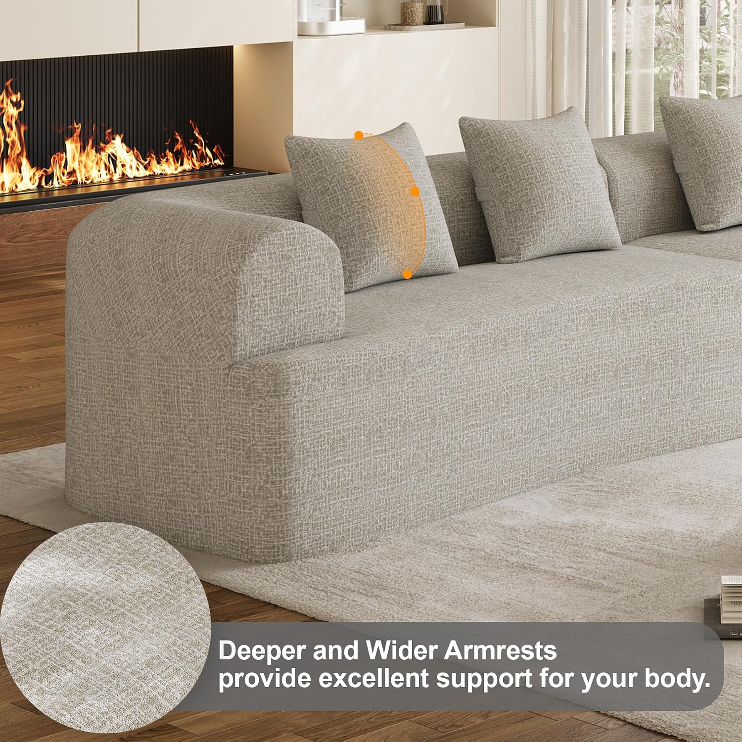 147' Oversized Sectional Sofa for Living Room, Modern Luxury Plush Chenille 4-Seater Extra Deep & Wide Seat Curved Cloud Couch with 4 Throw Pillows, No Assembly Needed, Light Grey