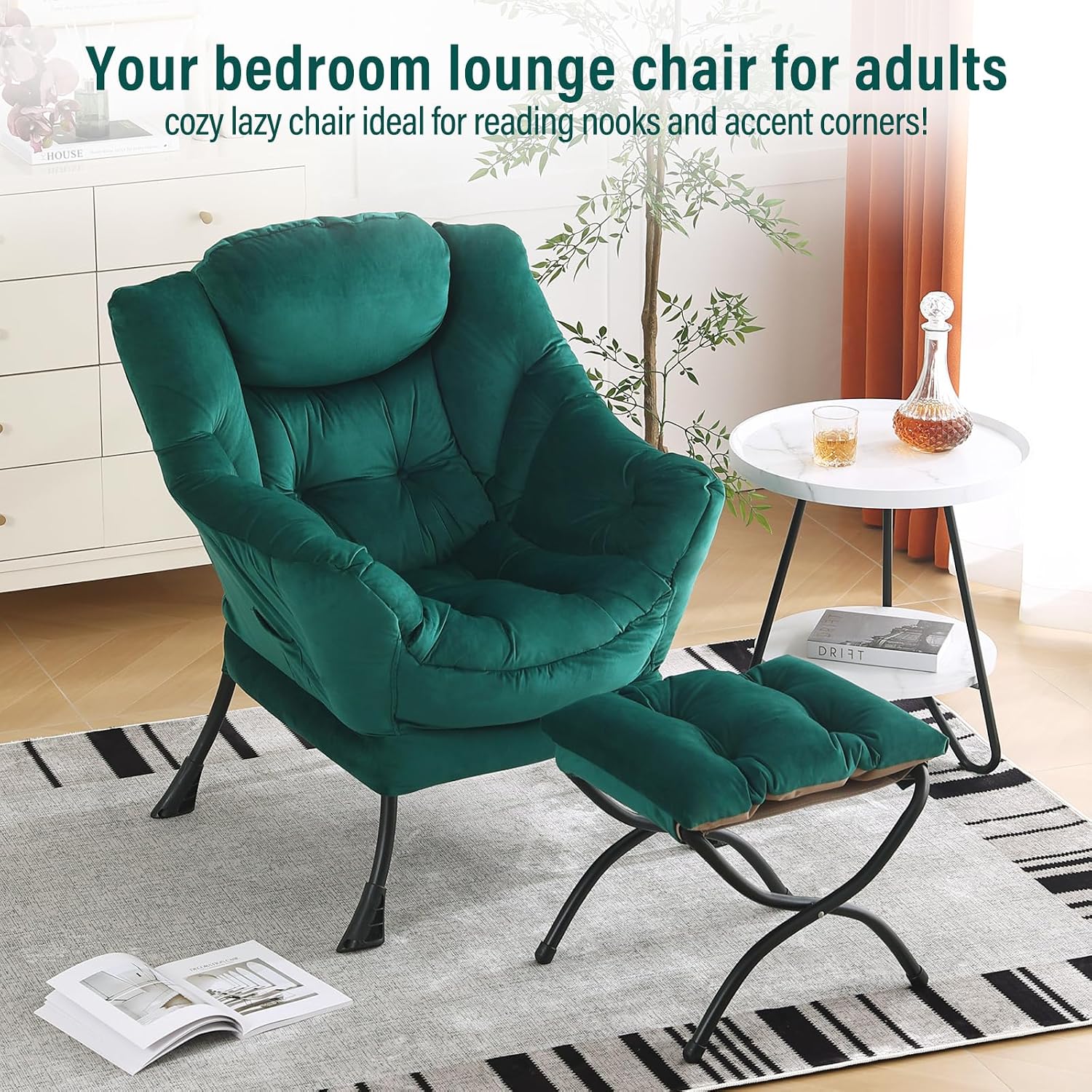 Furlide Lazy Chair with Ottoman, Modern Accent Chairs with Folding Footrest, Velvet Dark Green Sofa Chair Set, Reading Chairs, Oversized Armchairs for Bedroom, Study, Living Room, Courtyard