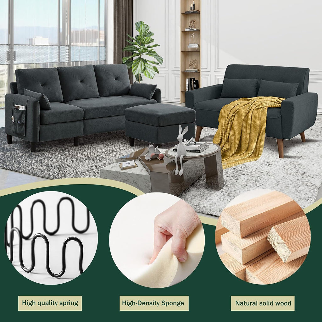 Convertible Sectional Couch Set, 77' L Shaped Sofa with Ottoman and 48' Loveseat, Modern Couches for Living Room, Apartment and Office, Dark Grey