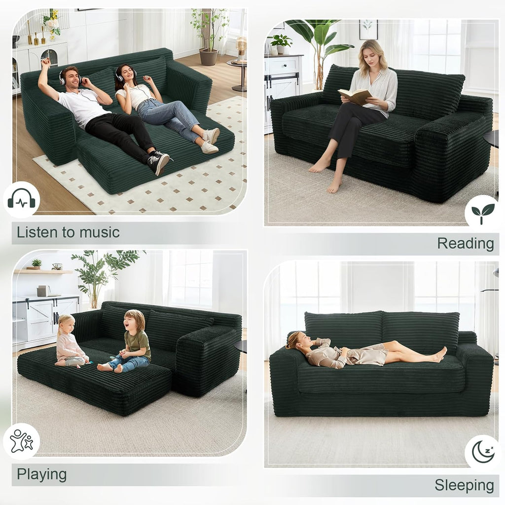 GNIXUU Corduroy Cloud Loveseat Sofa, 2 in 1 Convertible Sleeper Sofa with Fixed-Shape Frame, Comfy Folding Boneless Love Seat Couches for Living Room, Apartment, Small Spaces Green