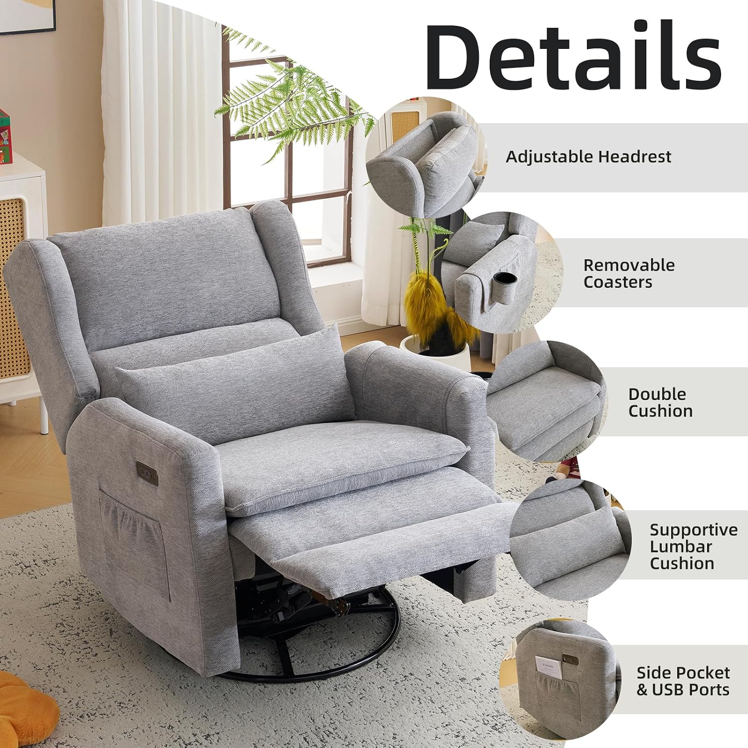 Power Recliner Chair Swivel Glider, Oversized Swivel Rocker Recliner with Adjustable Headrest, Chenille Glider Recliner Nursery Chair with Overstuffed Lumbar Support, USB Ports,Grey