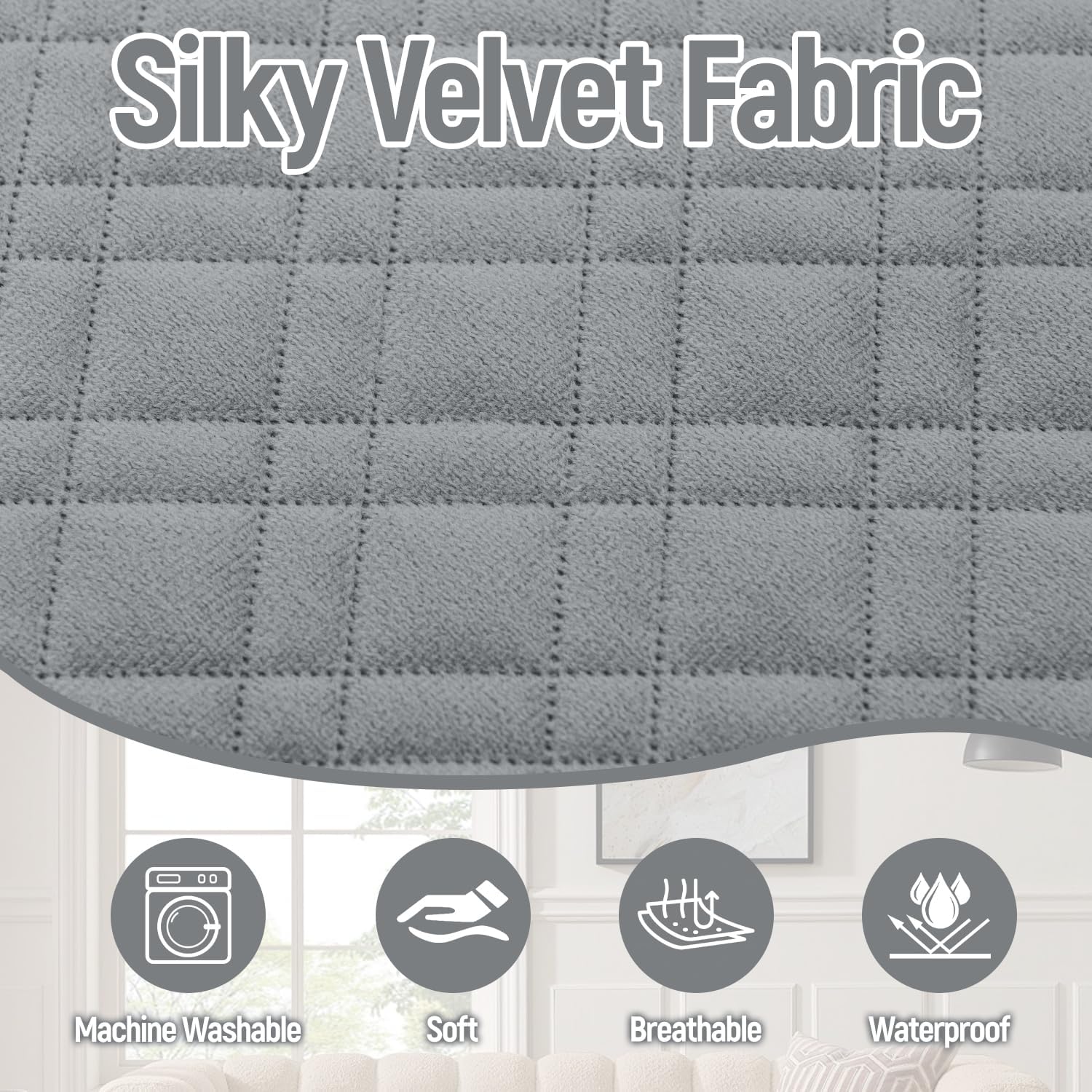 Waterproof L Shaped Couch Cover for Sectional Sofa Velvet Quilted Corner Sofa Cover L Shape Furniture Protector Slipcover Set with Non Slip Straps for Pets Dogs Kids (XX-Large, Silvery Grey)