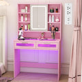 Hadulcet Pink Vanity Desk with Mirror and Lights, 35.5' Small LED Makeup Vanity Desk with 2 Acrylic Drawers, 6 Storage Shelves and Power Outlets for Girls Women Bedroom Dressing Room