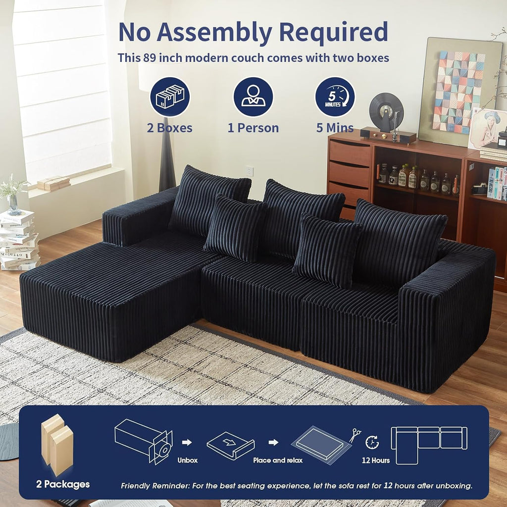 102' Black Couch for Living Room,Boneless Couch No Assembly Required,Comfy Couches with Oversized Chaise,Compressed Sofa for Any Room,Modern Sofa-Corduroy