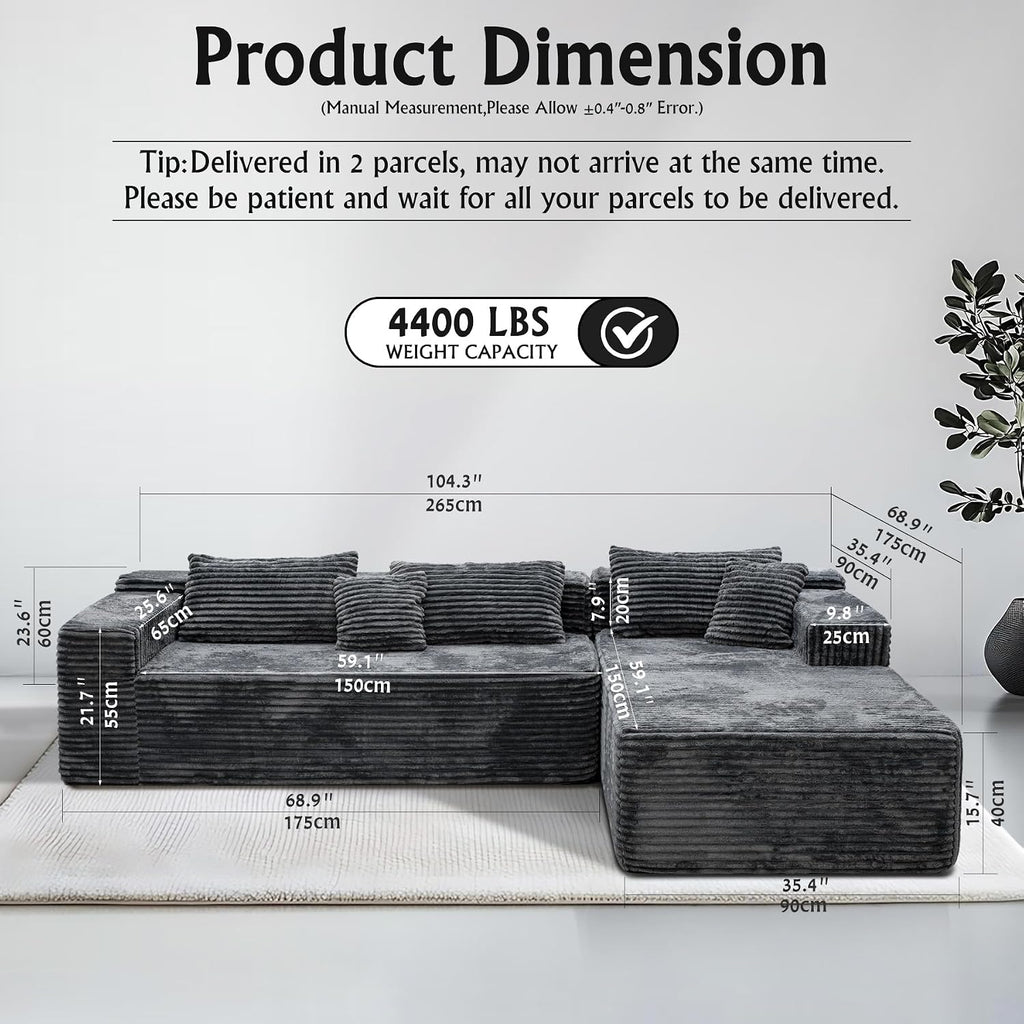 Sectional Couches for Living Room Corduroy Couch, 104' Cloud Boneless Couch with L-Shape Chaise, Modern Modular Sofa, Deep Seat Comfort, No Assembly Required(Plush Corduroy, Right Facing Chaise)