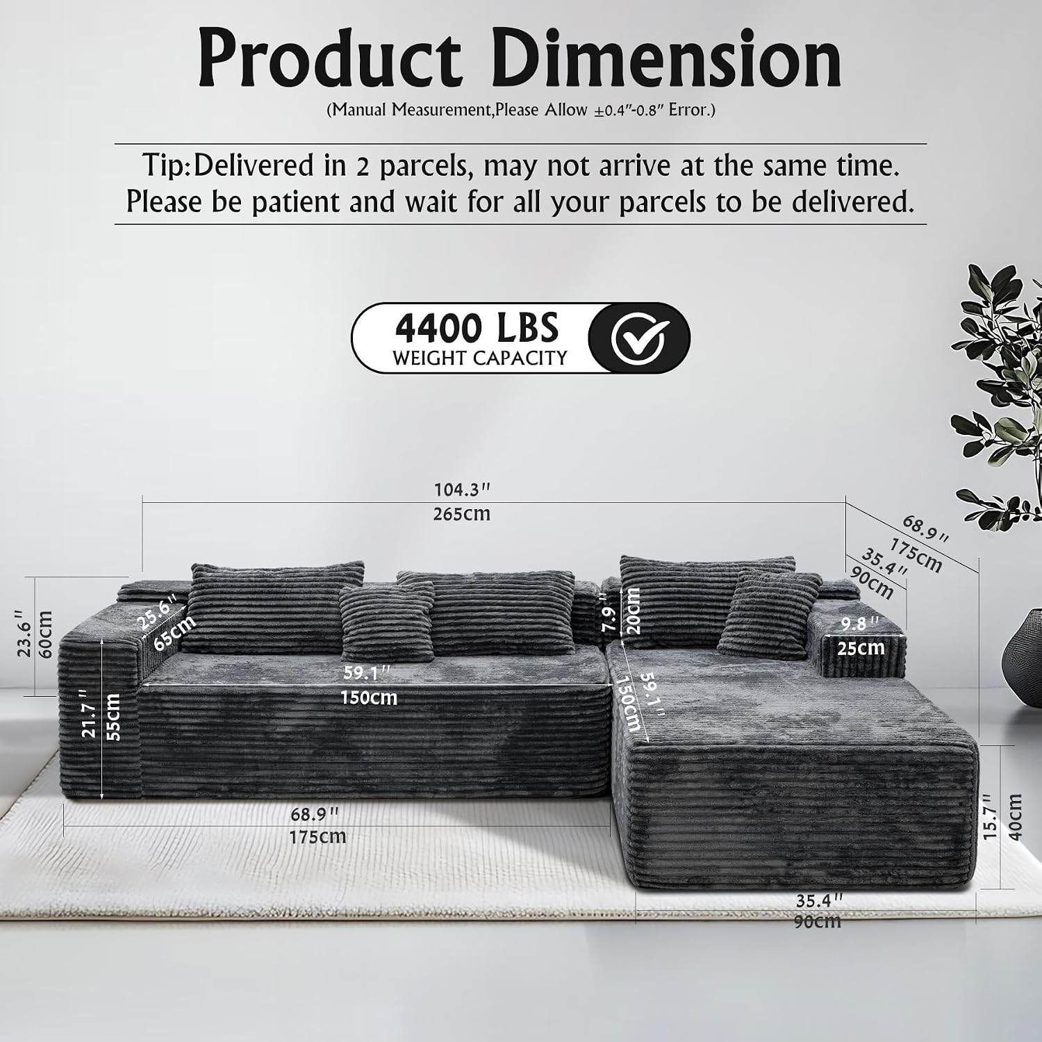 Sectional Couches for Living Room Corduroy Couch, 104' Cloud Boneless Couch with L-Shape Chaise, Modern Modular Sofa, Deep Seat Comfort, No Assembly Required(Plush Corduroy, Right Facing Chaise)