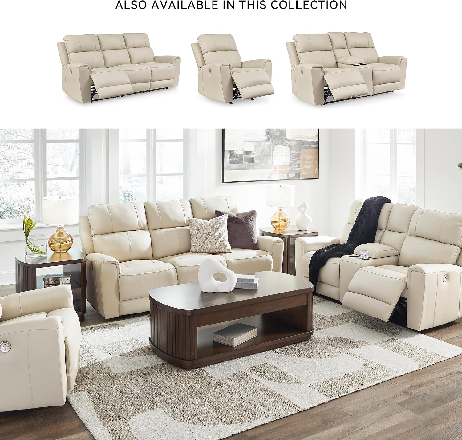 Signature Design by Ashley Dahlmoore Modern Leather Match Power Reclining Sofa with USB Ports, Beige