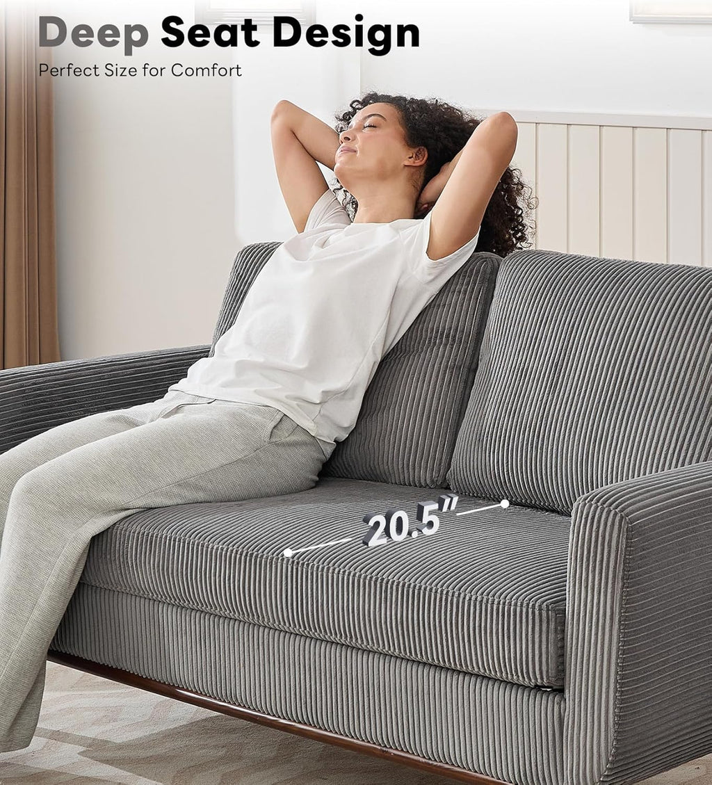 Kingfun 65' Corduroy Love Seat with Spring Cusions, Mid Century Modern Loveseat Sofa for Livingroom & Bedroom, Comfy Upholstered Small Couch, Gray
