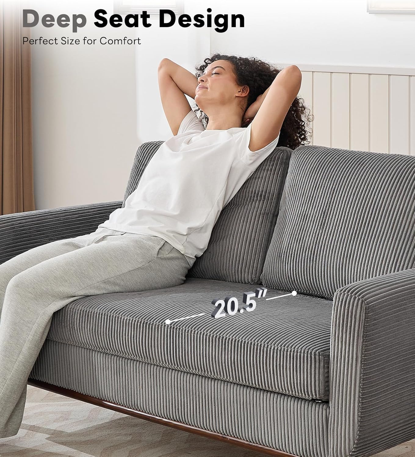 Kingfun 65' Corduroy Love Seat with Spring Cusions, Mid Century Modern Loveseat Sofa for Livingroom & Bedroom, Comfy Upholstered Small Couch, Gray