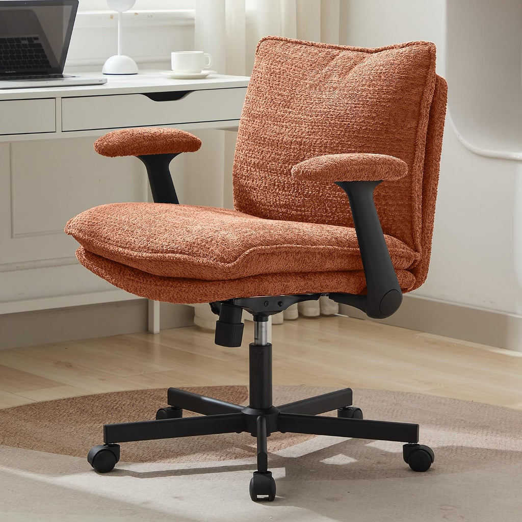 Kassipo Criss Cross Legged Office Chair with Wheels and Flip-Up Arms, Upholstered Criss Cross Desk Chair, Wide Seat Chairs for Home Office, Vanity, Apartment, Orange