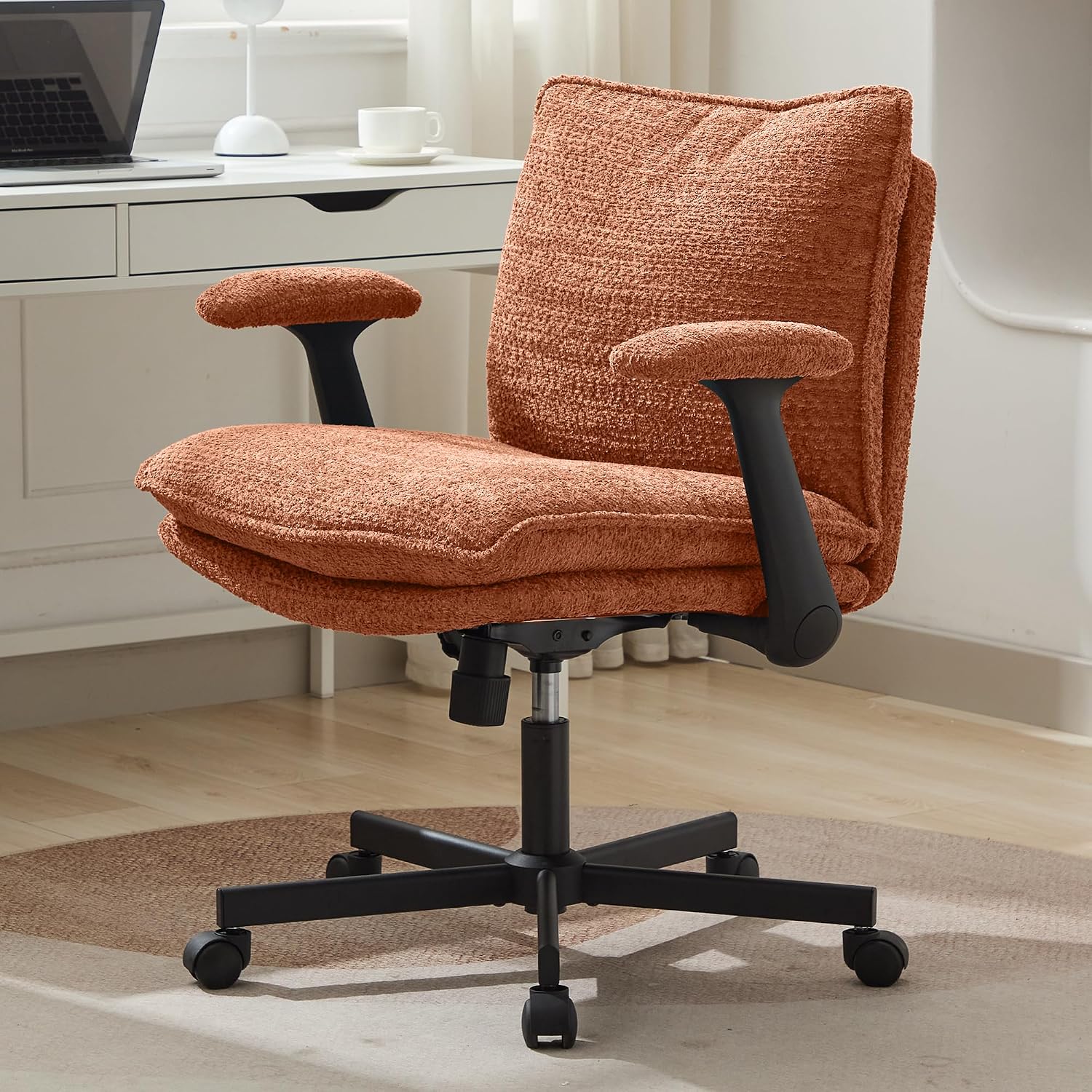 Kassipo Criss Cross Legged Office Chair with Wheels and Flip-Up Arms, Upholstered Criss Cross Desk Chair, Wide Seat Chairs for Home Office, Vanity, Apartment, Orange