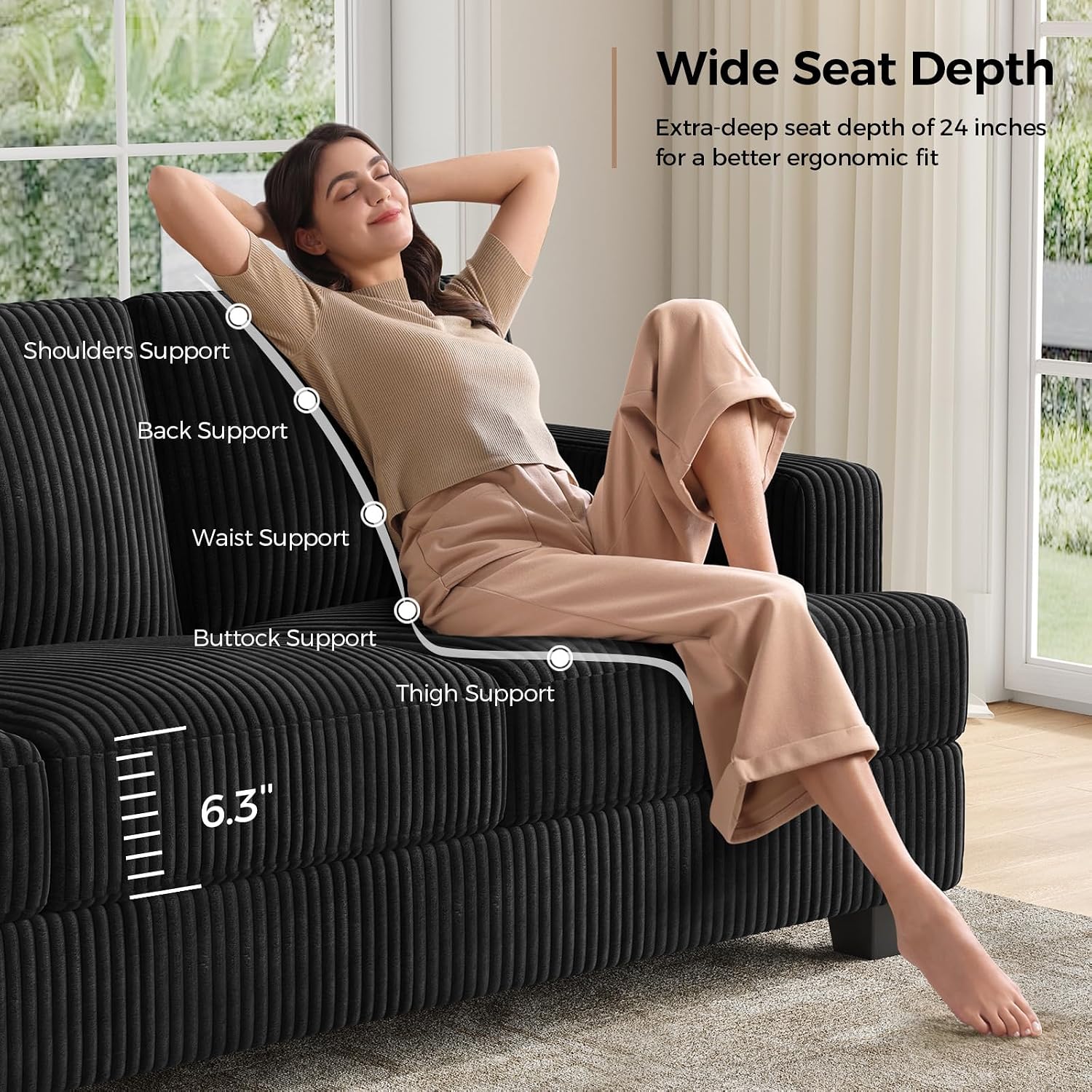 COPIAE 89 Inch Sofa with Extra Deep Seats Oversize, 3 Seater Sofa for Living Room, Modern Couch and Sofa, Comfy Armrests and Seats and Backrests, Easy Installation,Wide Corduroy Fabric Black