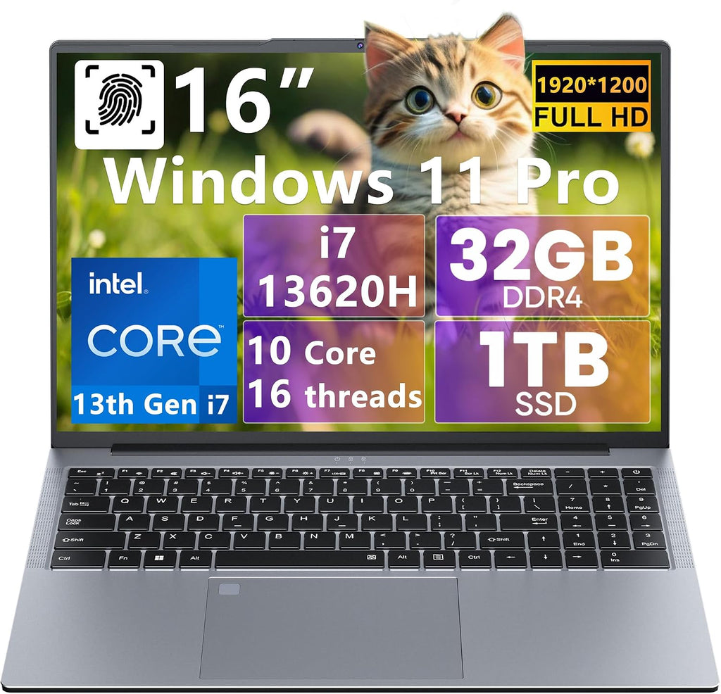 N-one Gaming Laptop, 16' Intel Core i7-13620H 13th Processor 4.9GHz 32GB DDR4 RAM 1TB SSD FHD Display, Windows 11 Numeric Keypad Backlit KB Type-C for Business Student Traditional Laptops PC