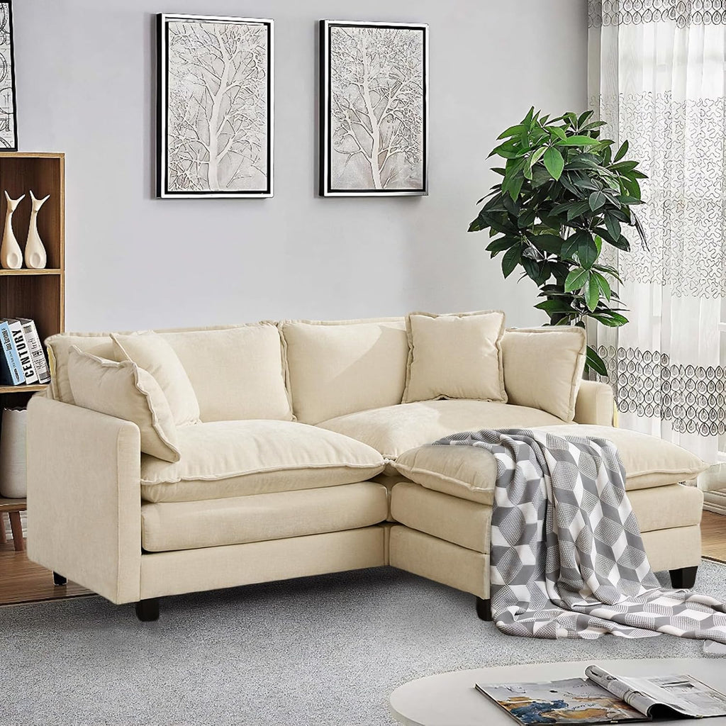 SoarFlash 77.95' Chenille Sectional Sofa, Comfy L Shaped Modular Coush Sofa with Ottoman, Modern 2 Seat Couch Deep Seat Sofa Set for Living Room,Beige