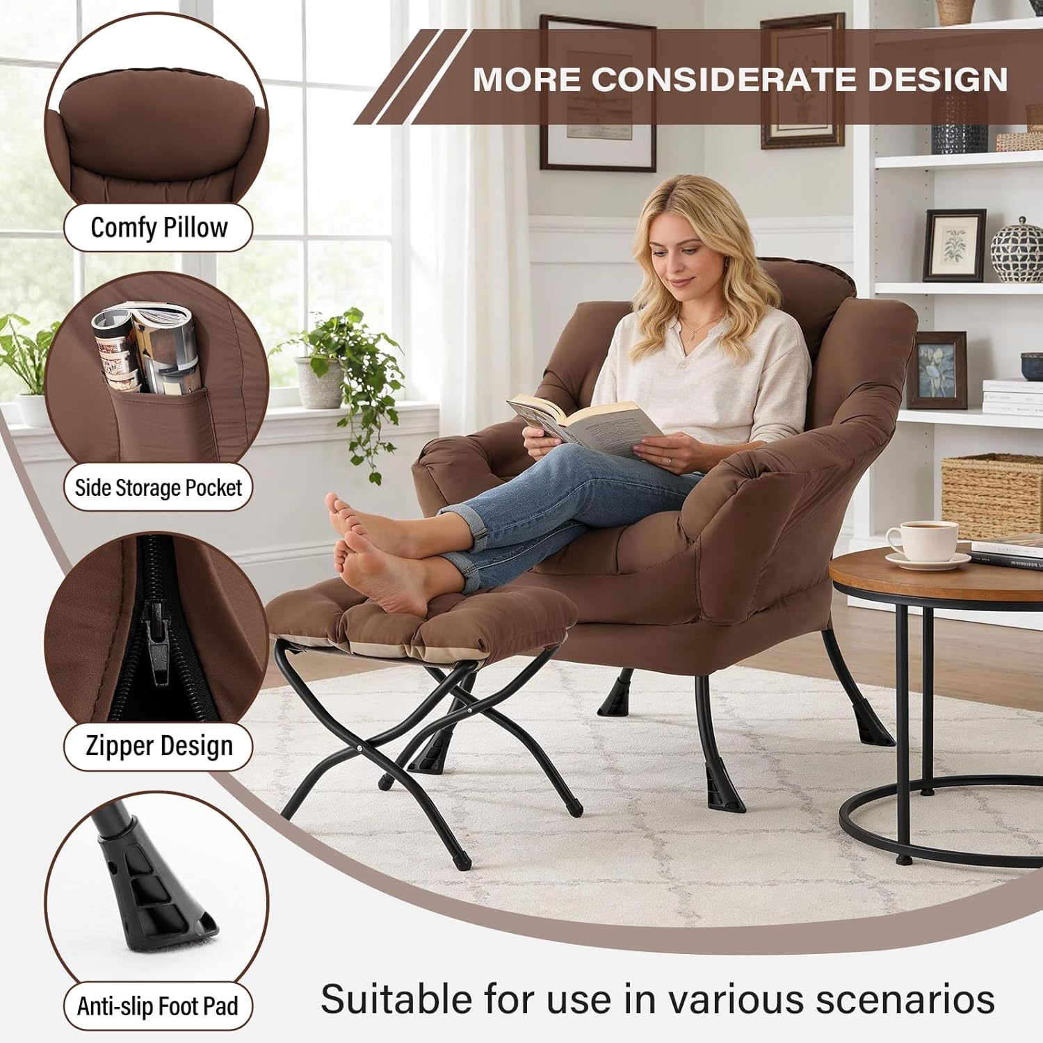 MBOOYOME Lazy Chair with Folding Ottoman, Modern Accent Armchair with Armrests and a Side Pocket & Foldable Footstool, Reading Chair for Living Room, Bedroom, Dorm & Office, Dark Brown