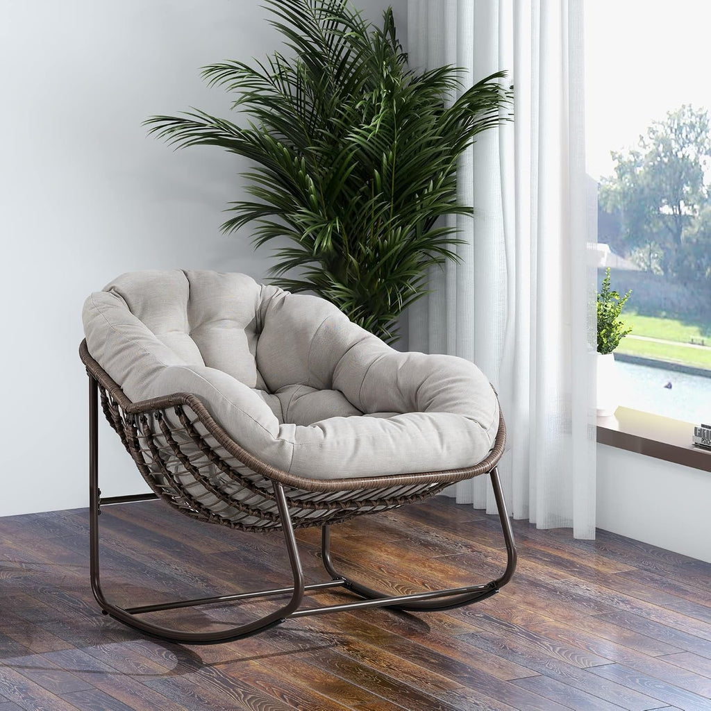 Oversized Indoor Outdoor Rocking Papasan Chair, Rattan Wicker Egg Rocking Chair with Steel Frame & Thick Olefin Cushion, Comfy Recliner Lounger for Patio, Backyard, Balcony, Garden,Beige