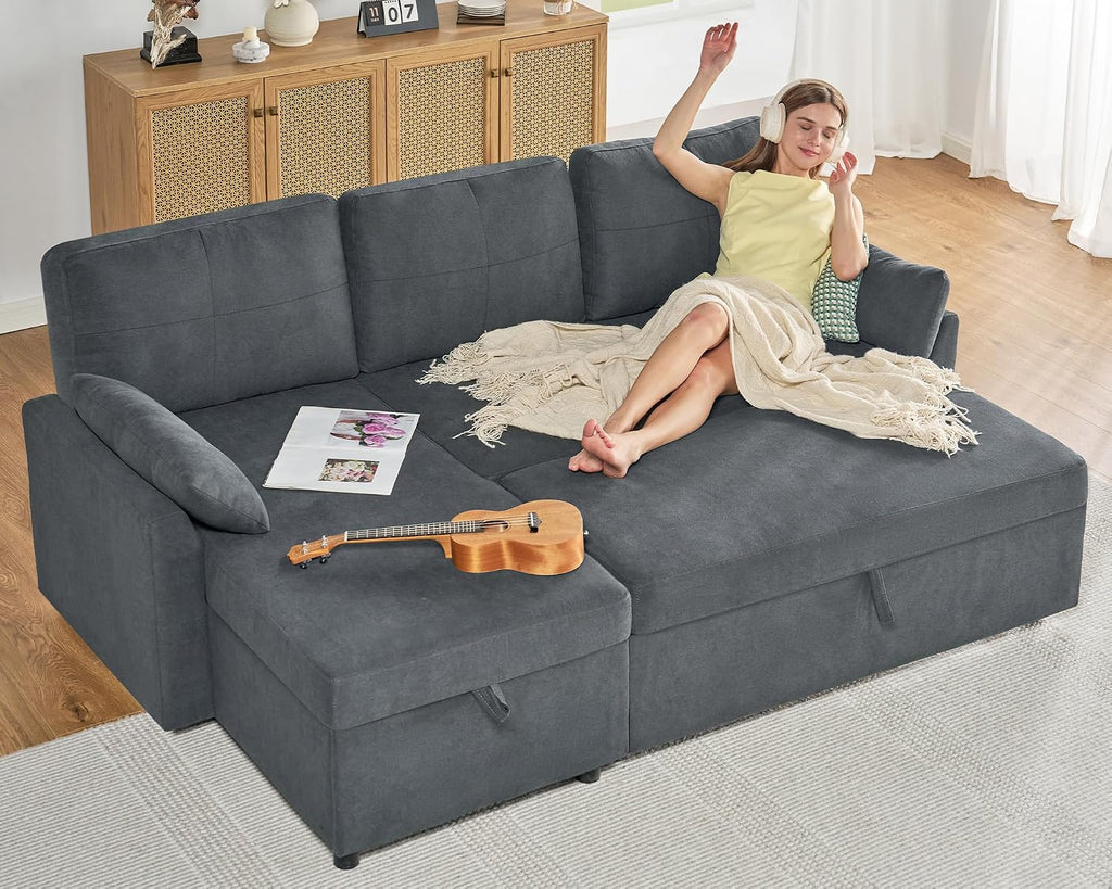 AMERLIFE Sleeper Sofa, 2-in-1 Sofa Bed with Storage Chaise, Pull Out Sofa Couch for Living Room, Guest Room, Linen Grey