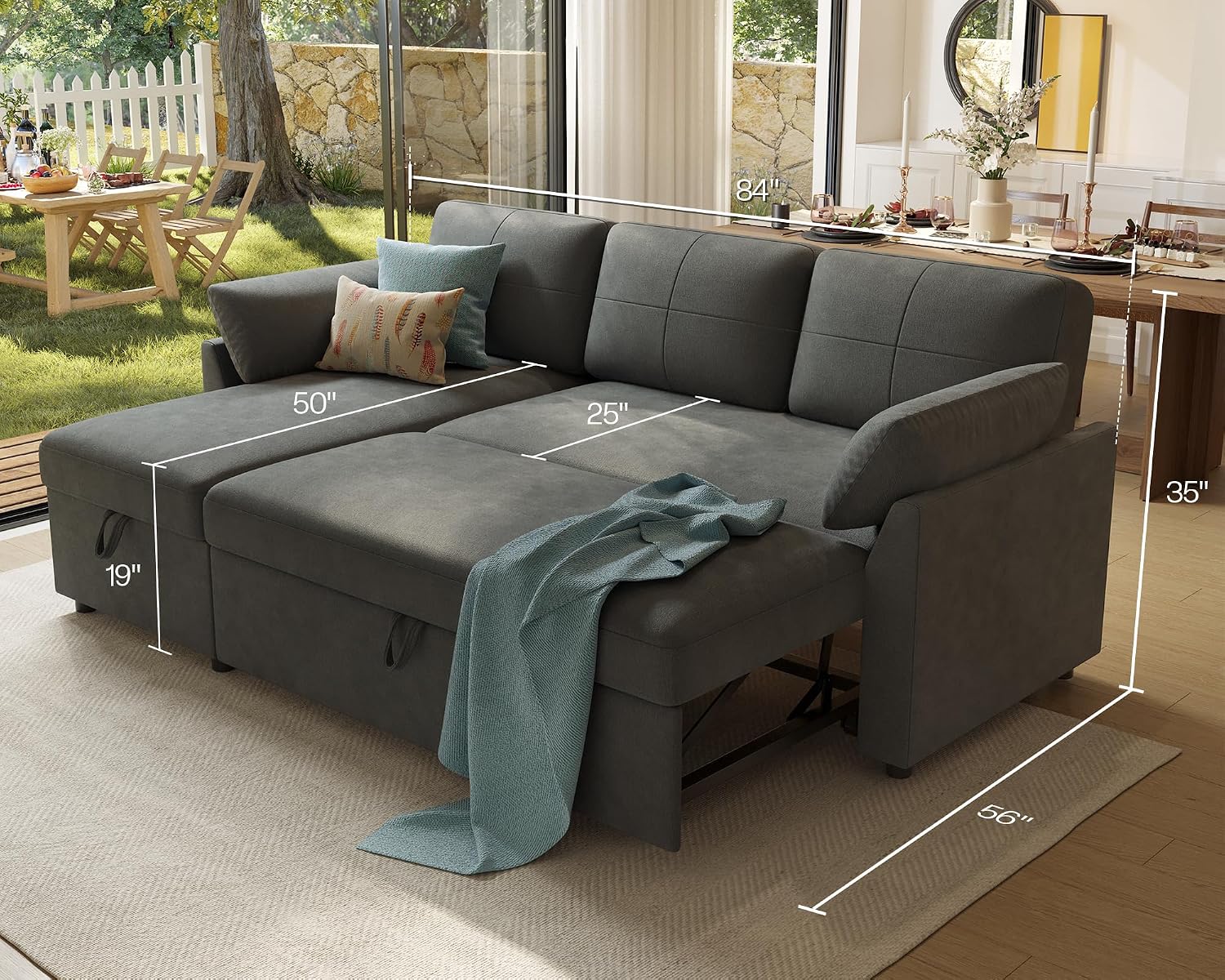 AMERLIFE Sleeper Sofa, 2-in-1 Sofa Bed with Storage Chaise, Pull Out Sofa Couch for Living Room, Guest Room, Linen Grey