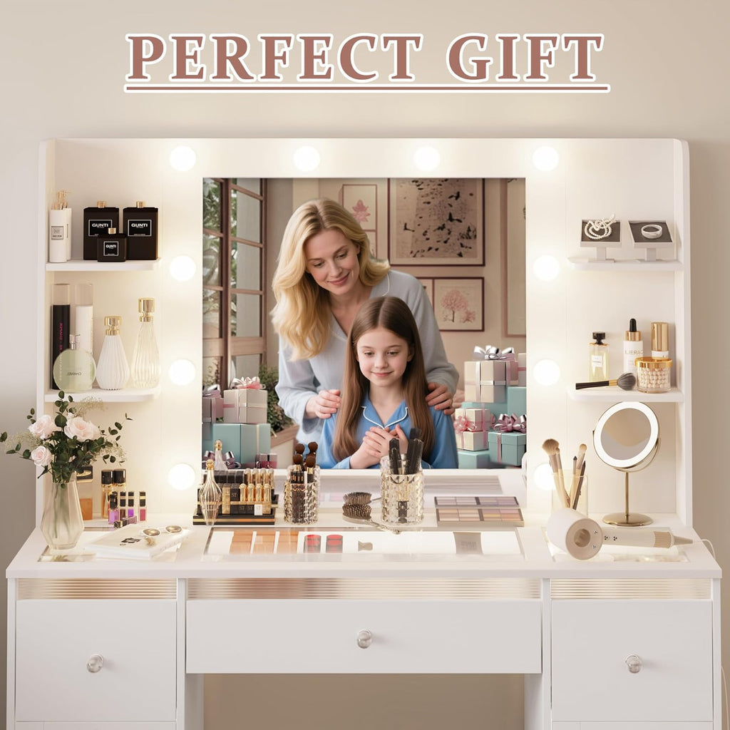 Makeup Vanity with 3-Color Lighted Mirror, Glass Top Makeup Desk with 7 Drawers, 4 Shelves, Built-in Power Outlet, Small Vanity Table for Women & Girls, White