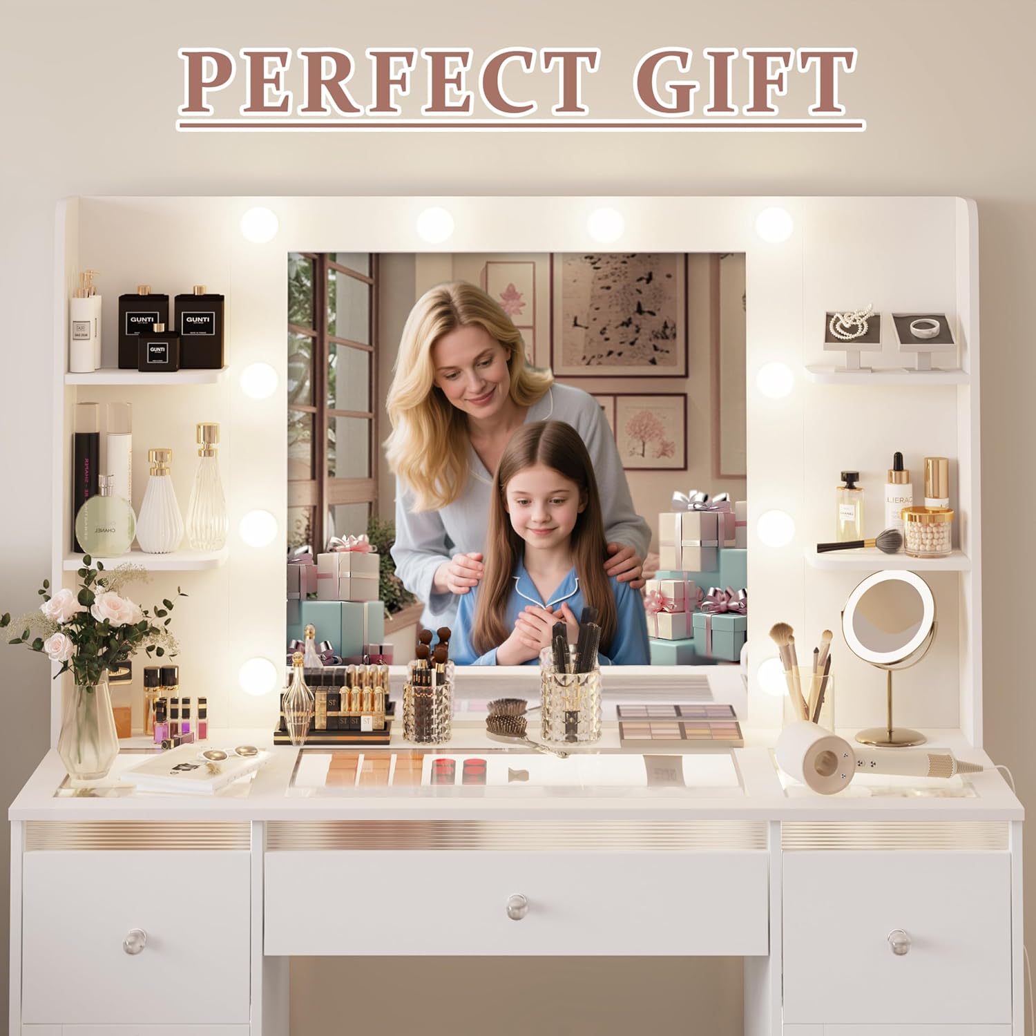 Makeup Vanity with 3-Color Lighted Mirror, Glass Top Makeup Desk with 7 Drawers, 4 Shelves, Built-in Power Outlet, Small Vanity Table for Women & Girls, White