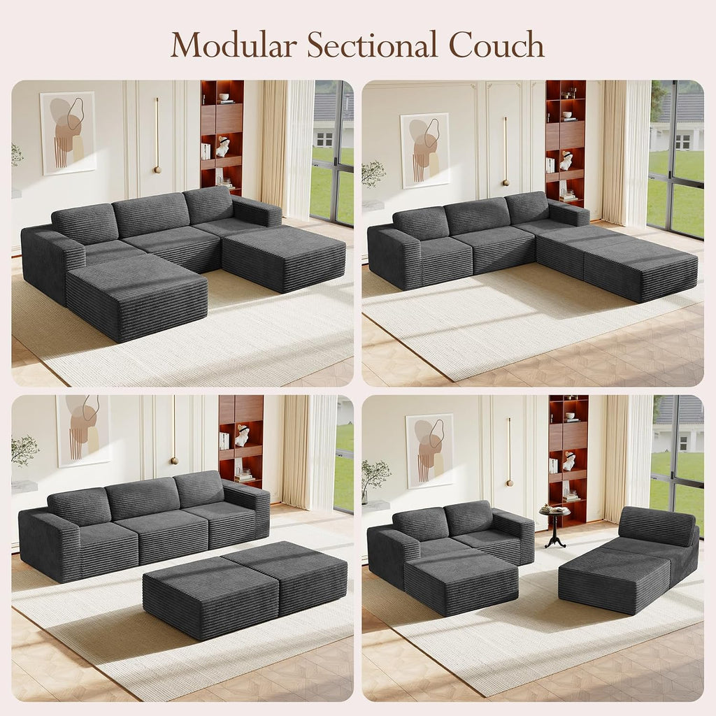 Vesgantti 119' Oversized U-Shaped Modular Sectional Sofa, Corduroy Cloud Couch with Deep Seating & Spring Support, Convertible Sofa with 2 Ottomans, Boneless Couch, No Assembly Required, Grey