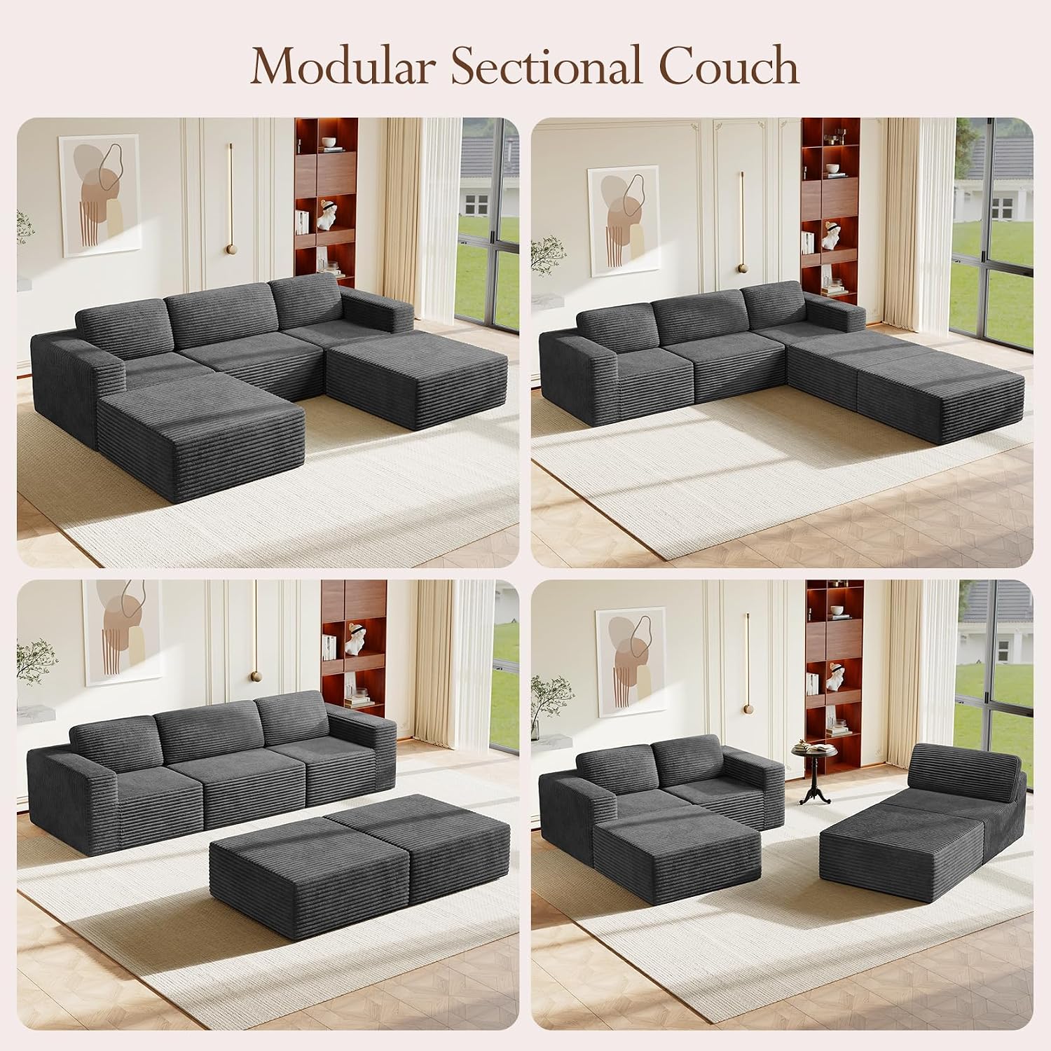 Vesgantti 119' Oversized U-Shaped Modular Sectional Sofa, Corduroy Cloud Couch with Deep Seating & Spring Support, Convertible Sofa with 2 Ottomans, Boneless Couch, No Assembly Required, Grey