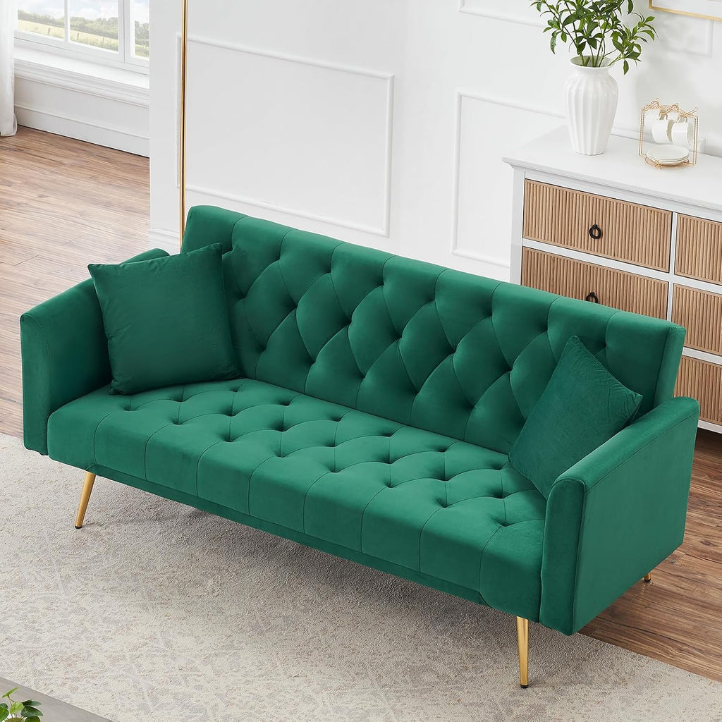 71' Modern Velvet Sofa Bed Futon, Convertible Sleeper Couch with Adjustable Backrest, Tufted Recliner Loveseat with Golden Chrome Legs & 2 Pillows for Small Spaces, Living Room, Apartment (Green)