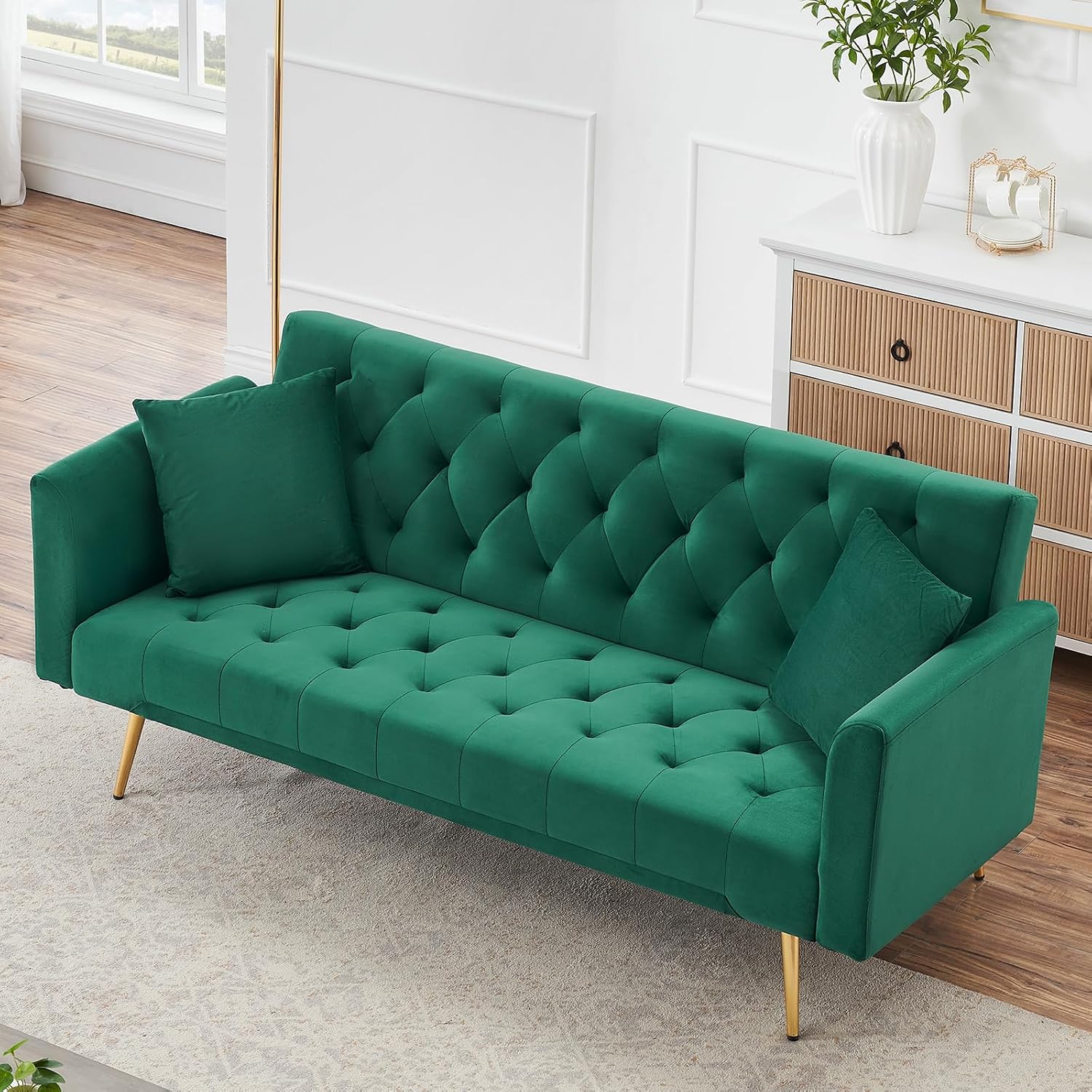71' Modern Velvet Sofa Bed Futon, Convertible Sleeper Couch with Adjustable Backrest, Tufted Recliner Loveseat with Golden Chrome Legs & 2 Pillows for Small Spaces, Living Room, Apartment (Green)