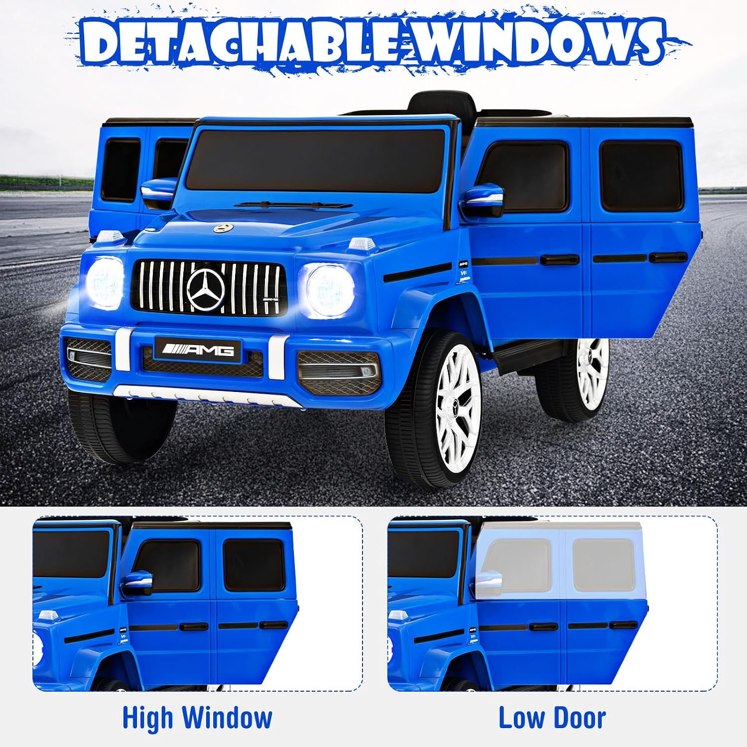 INFANS Licensed Mercedes Benz G63 Kids Ride On Car, 12V Electric Vehicle with Remote Control, Double Open Doors, Music, Bluetooth, Wheels Suspension, Battery Powered for Children Boy Girl (Blue)