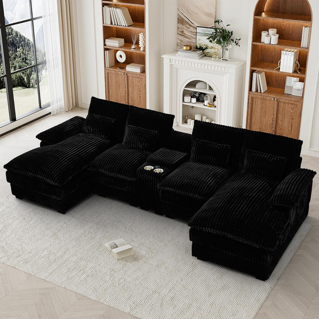 HYJT-H&K 124' U Shaped Cloud Couch Sectional, Comfy Fluffy Plush Corduroy Dark Black Sectional Couches for Living Room, Modern Modular Corduroy Couch Sectionals with Central Console & Double Chaise