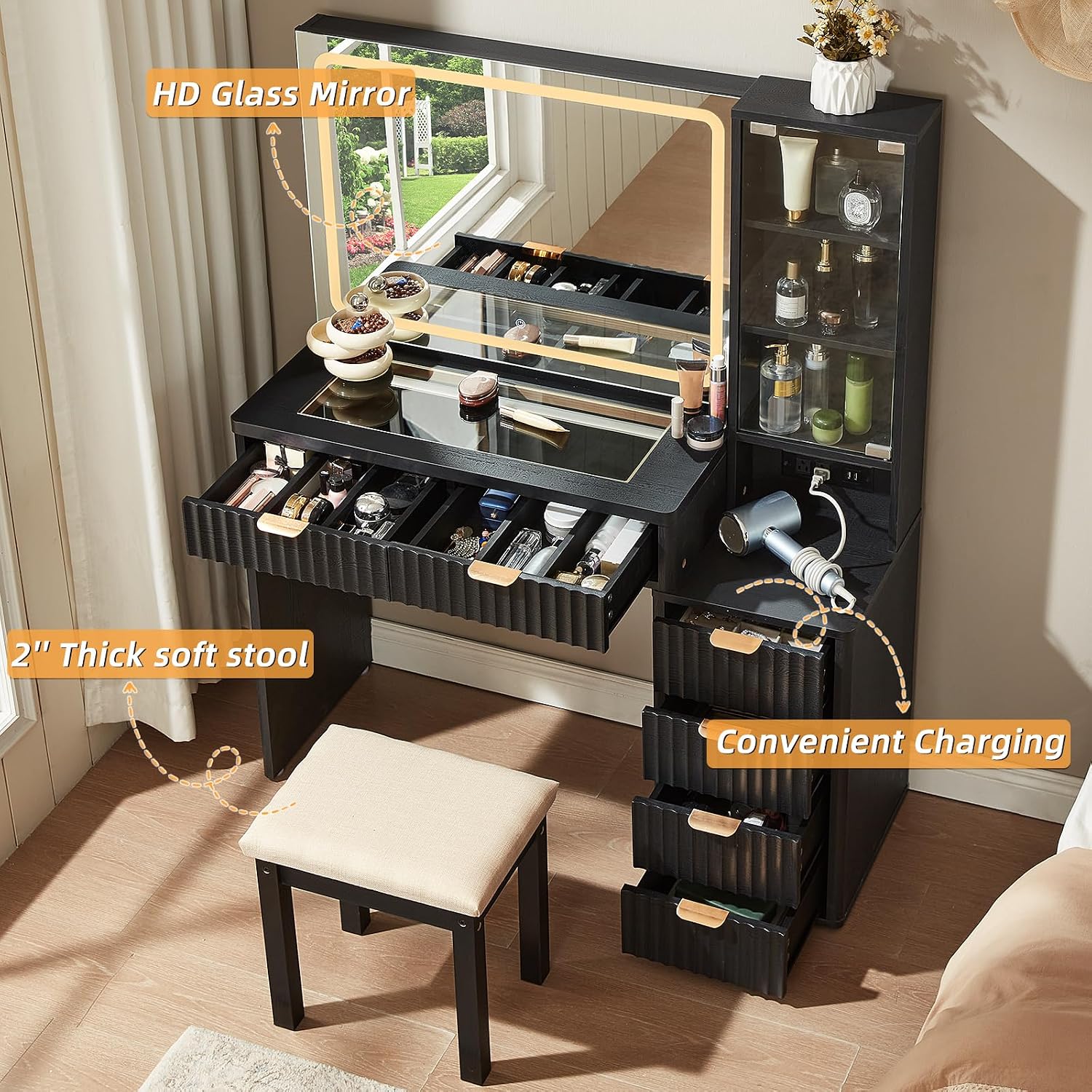 LEYAOYAO Black Vanity Desk with Mirror and Lights, 43.5'' Fluted Makeup Vanity with 6 Drawers and Adjustable Shelves, Glass Top Make Up Vanity, Girls Wood Dressing Table with Power Outlet for Bedroom