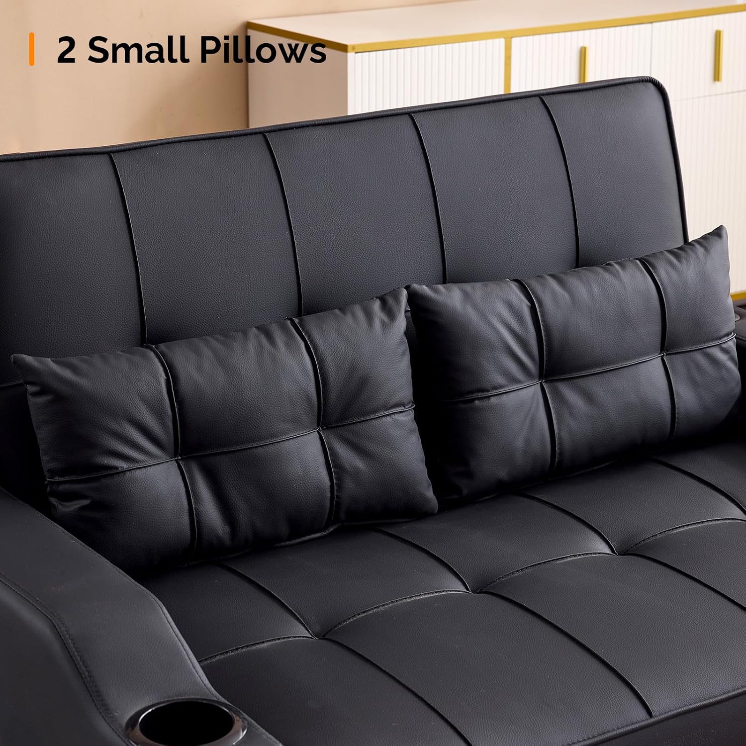 VINGLI Black Futon Sofa Bed Convertible Loveseat Sleeper Couch, Faux Leather Pullout Sofa Fold Out Couch Bed with USB Ports, Cup Holders, Armrest for Living Room, Bedroom Apartment Room