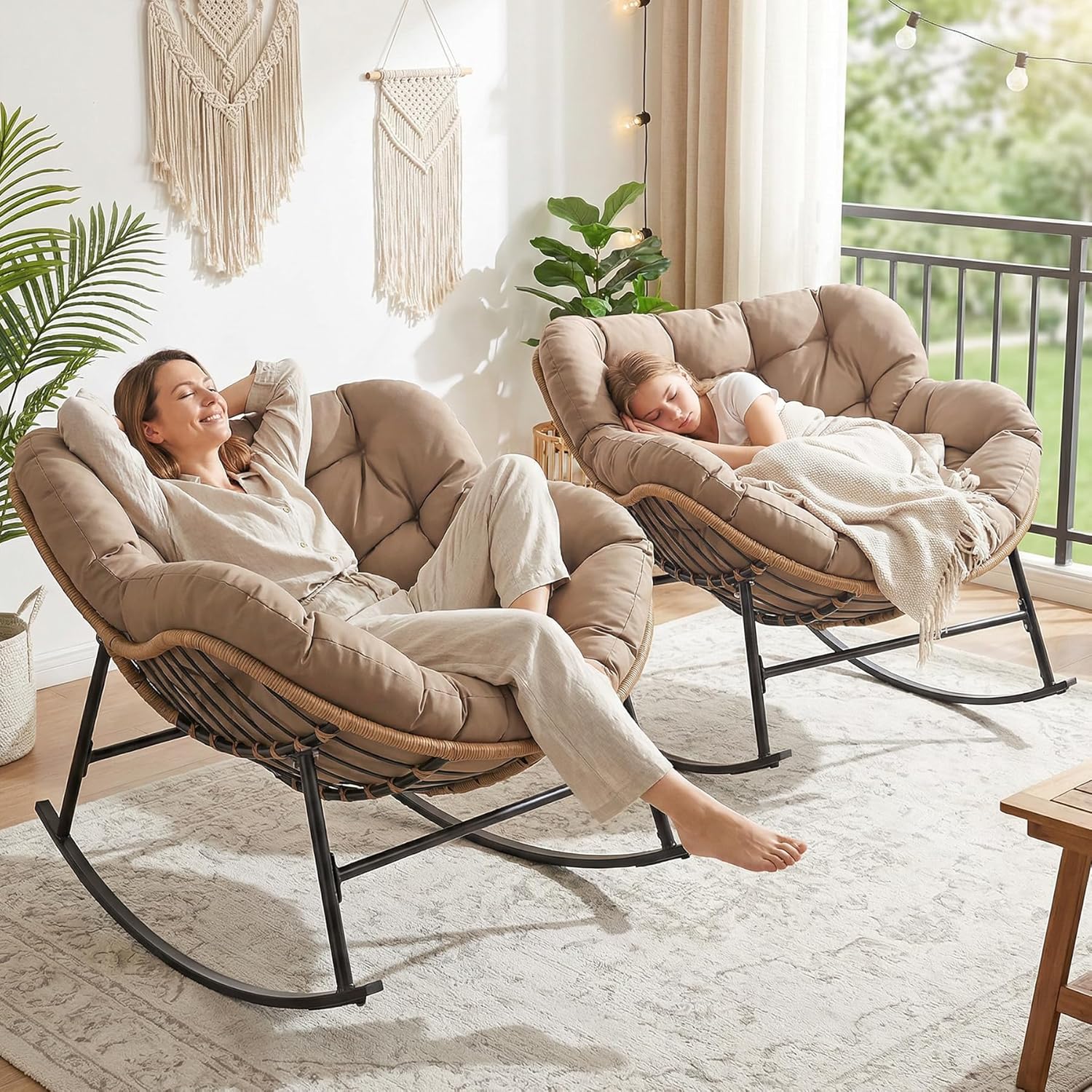RADIATA 2 PCS Papasan Rocking Egg Chair, Indoor Outdoor Oversized Lounge Chair with Cushion, Double Wicker Rattan Rocker Loveseat, 450 lbs Capacity Outside Funiture for Patio Porch Livingroom Brown