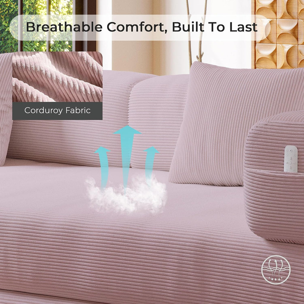 5-in-1 Folding Convertible Sofa Bed, Loveseat Sleeper with Pull-Out Bed, Floor Sofa Modular Futon Couch, 79' Oversized Corduroy Upholstered Boneless Couch for Living Room, Bedroom, Lounge, Pink-A