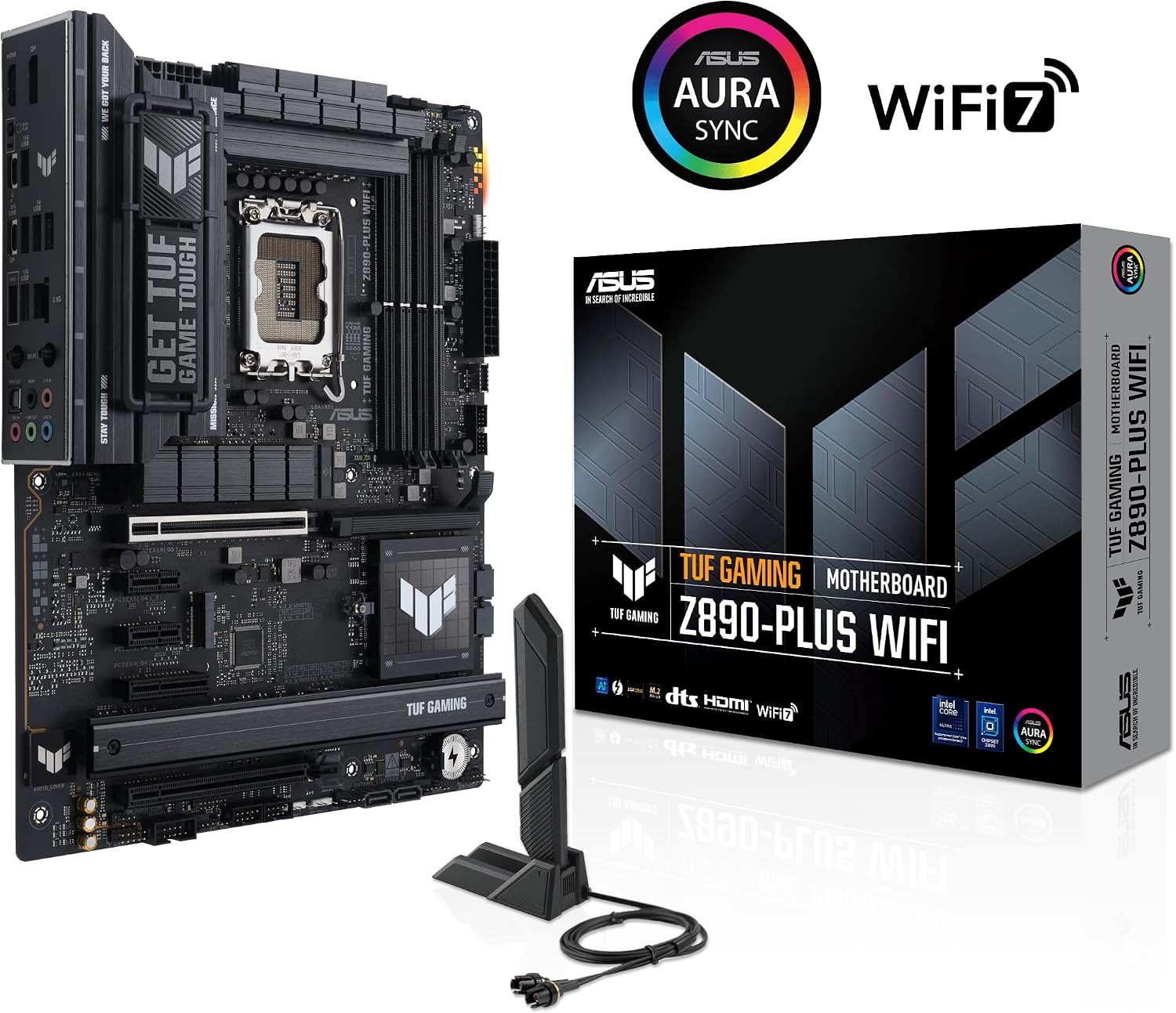 ASUS TUF Gaming Z890-PLUS WiFi Z890 LGA 1851 ATX Motherboard, Intel® Core™ Ultra Series 2 Ready, Advanced AI PC-Ready, 16+1+2+1 Stages, DDR5, PCIe® 5.0, Thunderbolt™ 4 Type-C®, 4X M.2, Wi-Fi 7, 2.5Gb