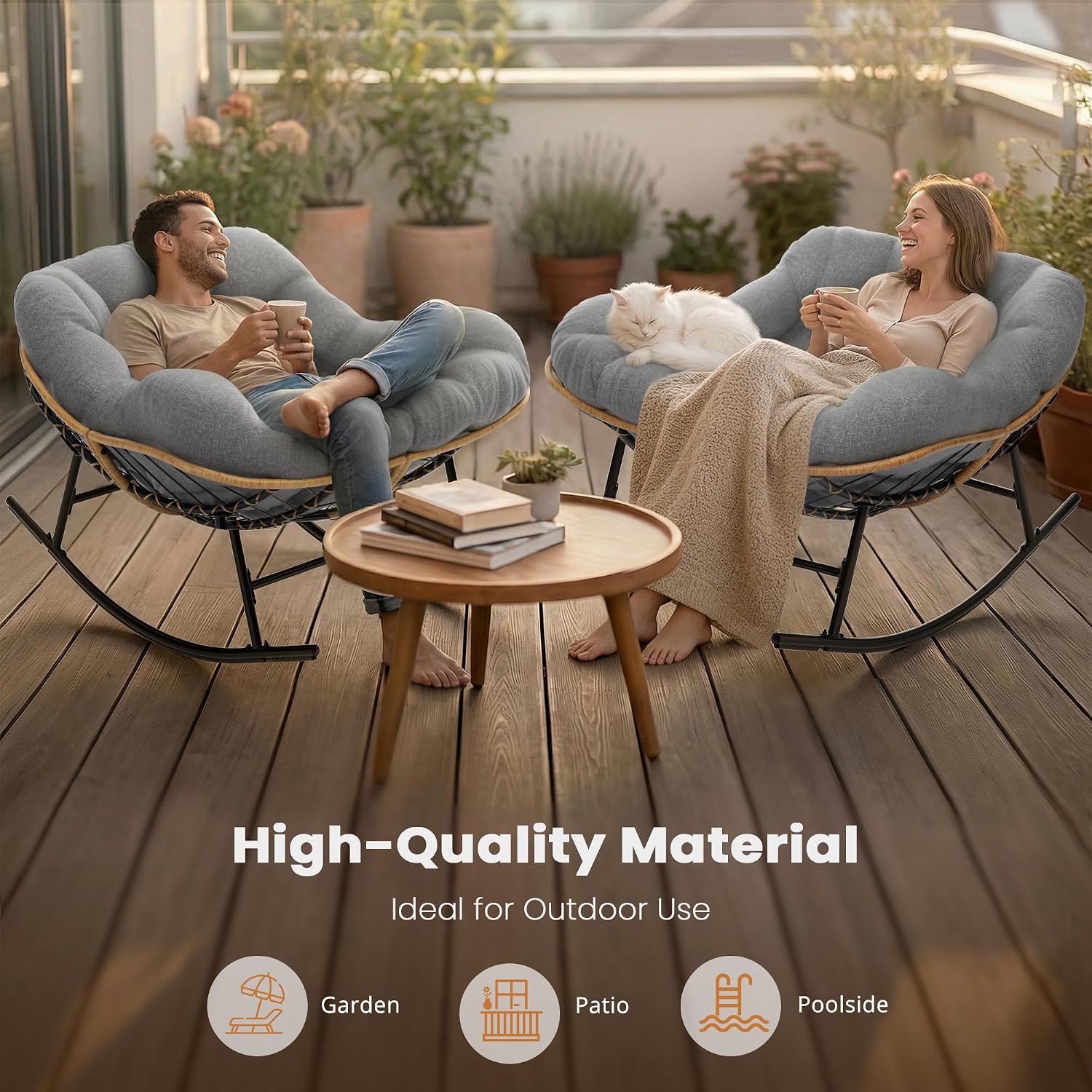 Easyego Oversized Papasan Rocking Chair Indoor Outdoor Use, Comfortable Wicker Rocker with Cozy Thicken Cushion for Deck, Balcony, Poolside, Lawn, Bedroom, Living Room, Dark Grey