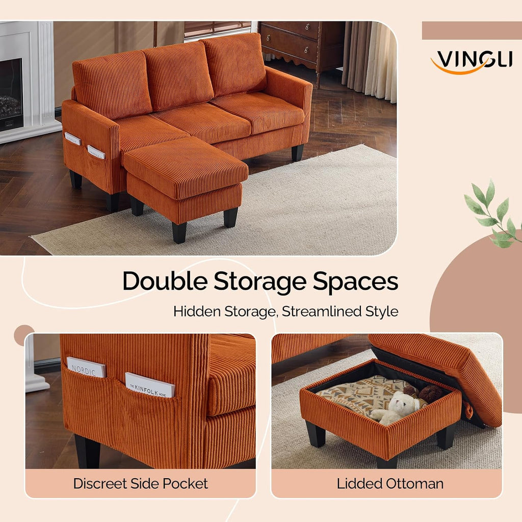 VINGLI 68.5' L Shaped Couch with Movable Storage Ottoman, Convertible Sectional Sofa in Soft Corduroy Fabric, Modern Reversible Chaise Couch for Small Spaces, Apartment, Living Room，Orange