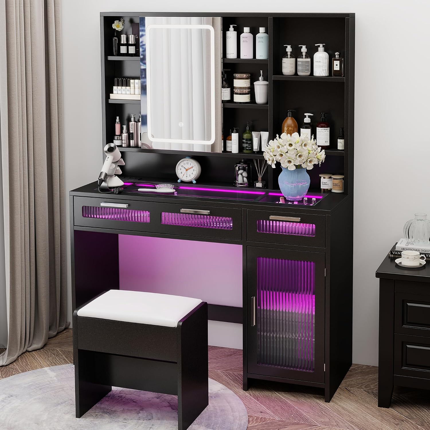 Hadulcet Black Vanity Desk with Mirror and Lights, 43' Makeup Vanity Desk with Glass Top, Power Outlets, 2 Drawers, 10 Shelves & Acrylic Cabinet, LED Vanity Table for Girls Women Gift