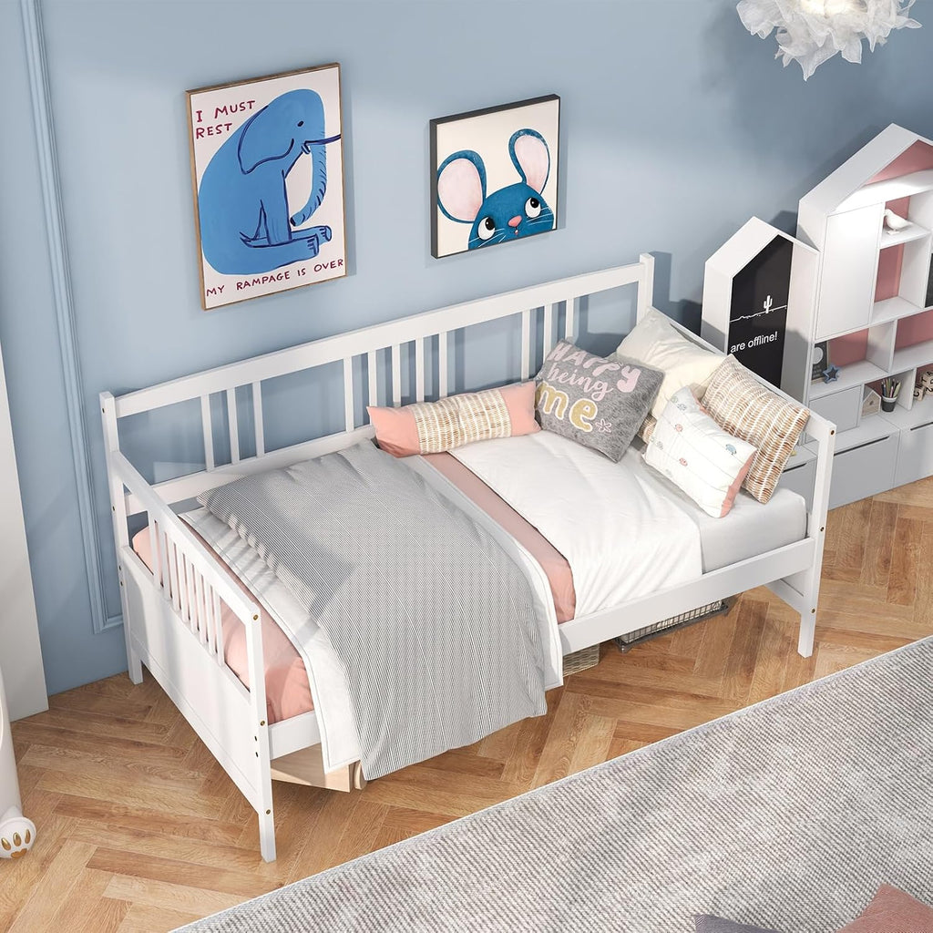 Giantex Twin Daybed Frame, Wooden Sofa Bed Guest Bed with Rails & Wood Slat Support, Dual-use Twin Size Platform Bed Frame for Living Room Bedroom, No Box Spring Needed, White