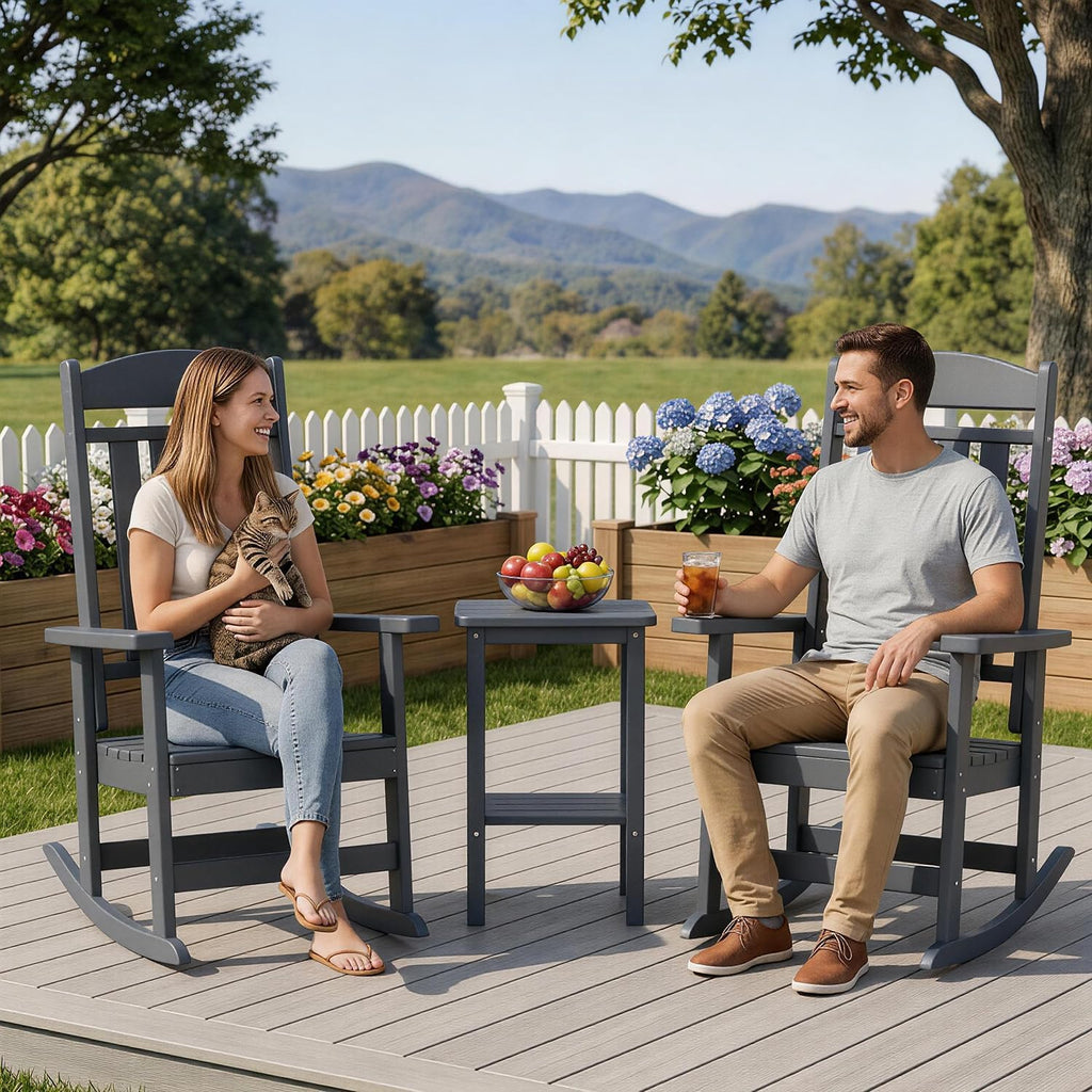 FOOWIN Outdoor Rocking Chair Set of 2, High Back Patio Rocking Chair, HDPE All Weather Resistant Porch Rocker for Adult, Oversized Rocking Chairs for Garden, Lawn, Indoor & Outdoor Use, Grey