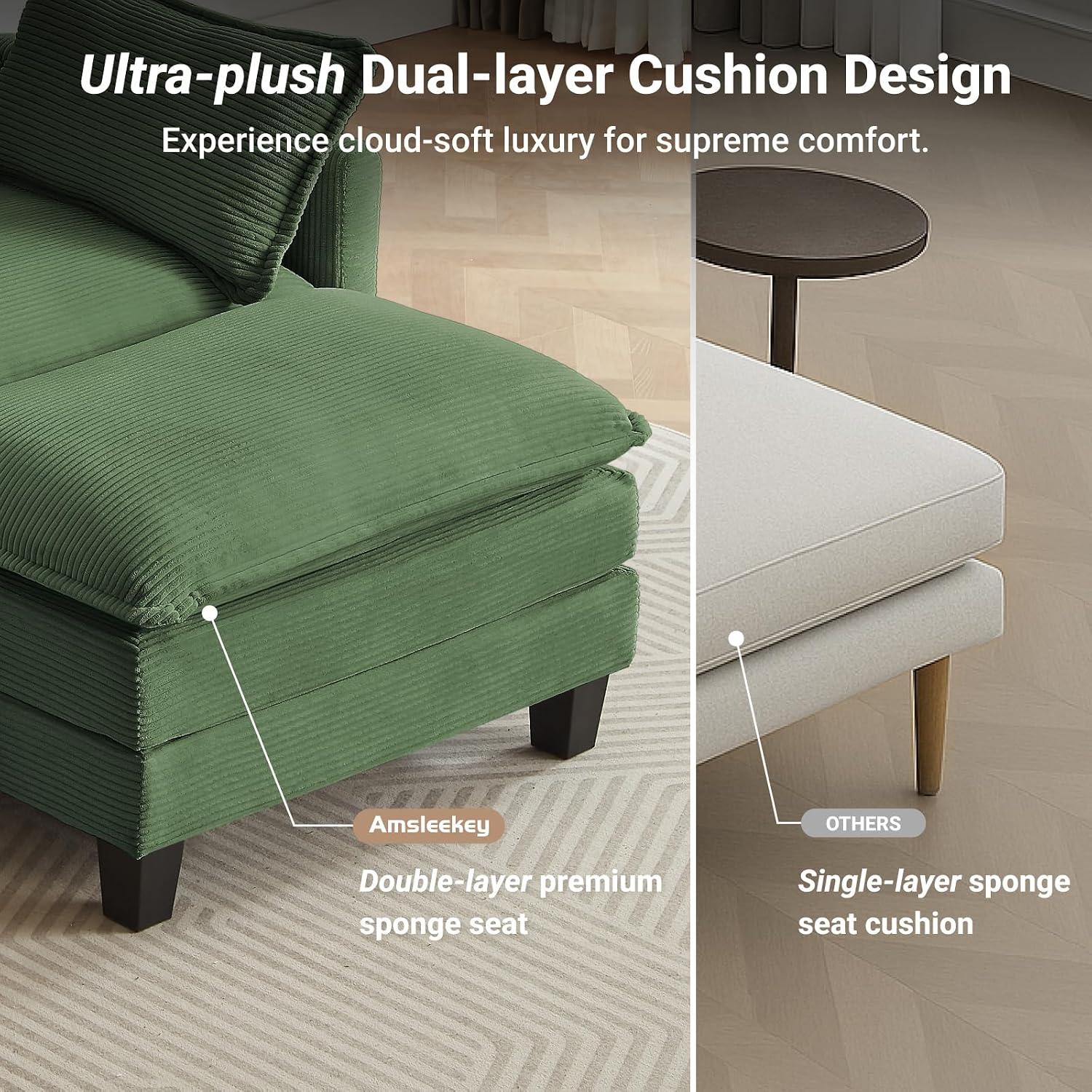 Amsleekey Modular Sectional Sofa, 76.5' L-Shaped Corduroy Comfy Sectional Couches for Living Room, 2-Seater Cloud Couches with 1 Movable Ottoman, Flexible Combination Modern Deep Seat Sofa (Green)
